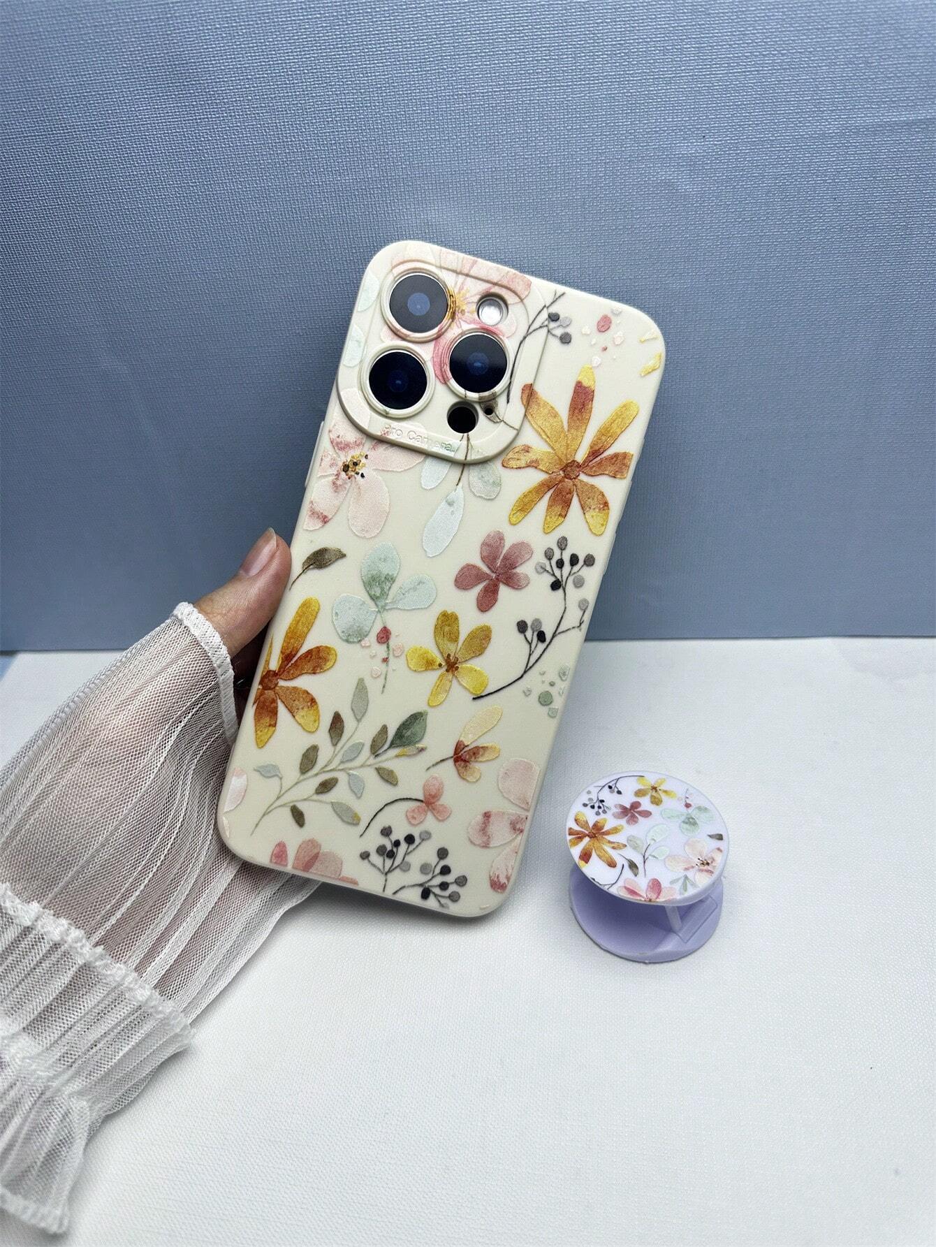 Floral 1pc Transparent TPU Airbag Shockproof Phone Case With Painted Pattern, Compatible With Apple And Samsung Models