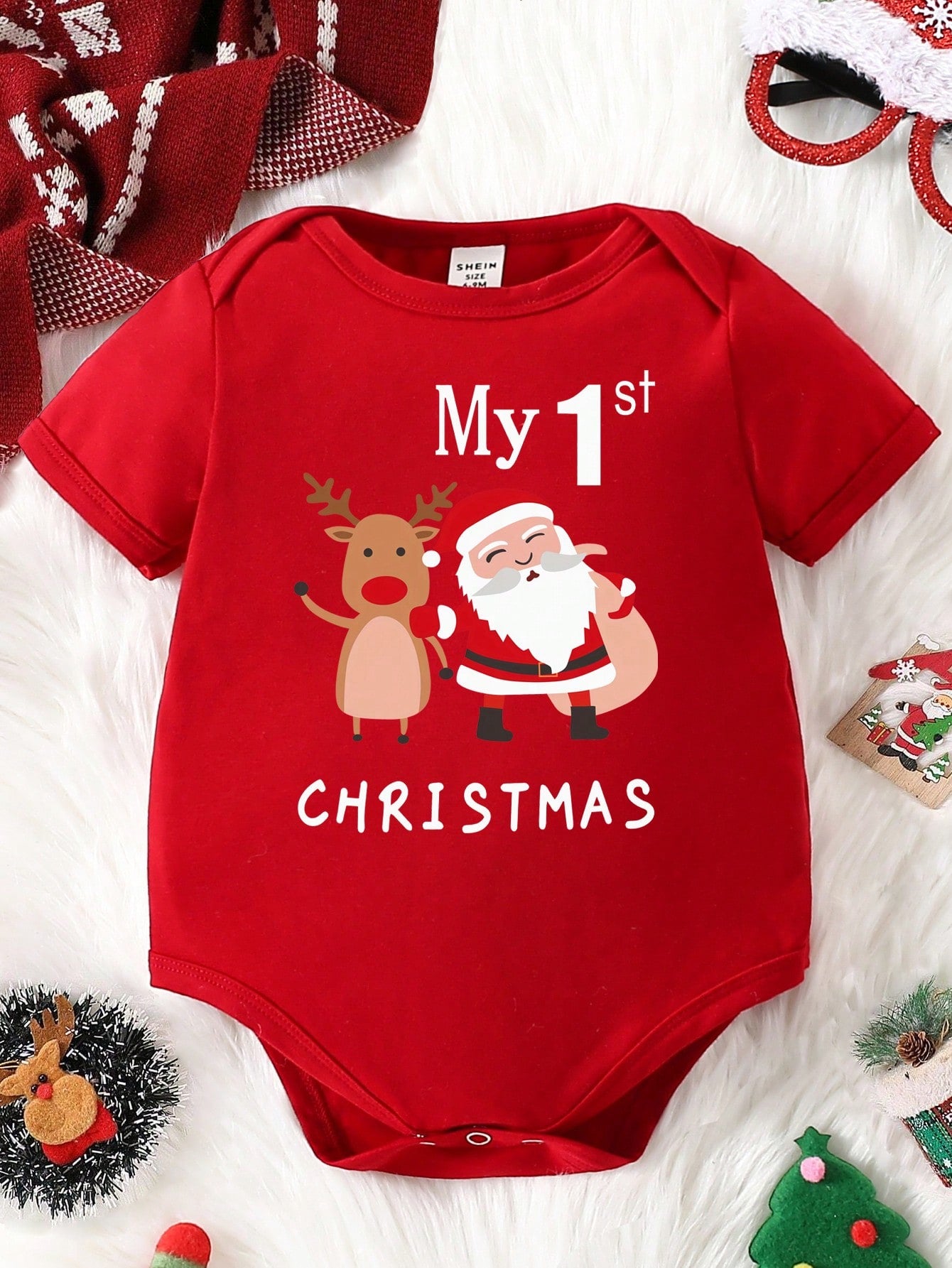 Baby Boy Casual Fashionable Cute Cartoon Santa Claus & Reindeer Print Romper For Christmas Party