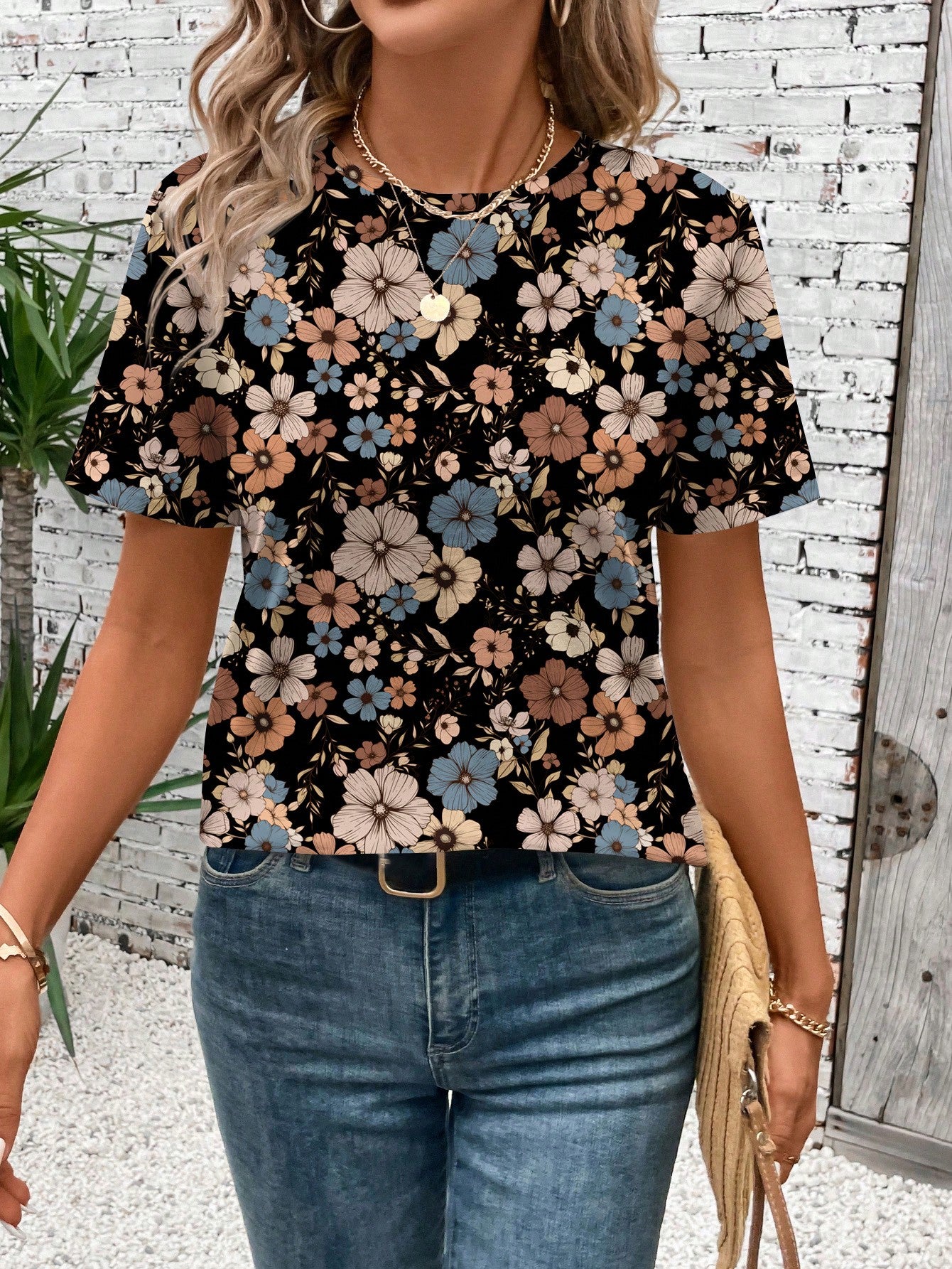 LUNE Casual Loose Fit Floral Print Short Sleeve Crew Neck T-Shirt For Women, Summer-Friendly