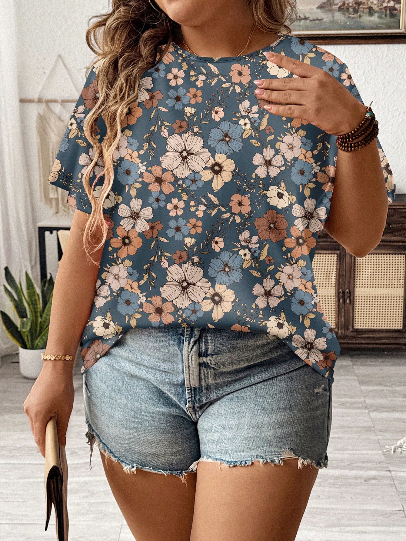 LUNE Casual Floral Pattern Loose Fit Round Neck Short Sleeve Plus Size T-Shirt, Summer