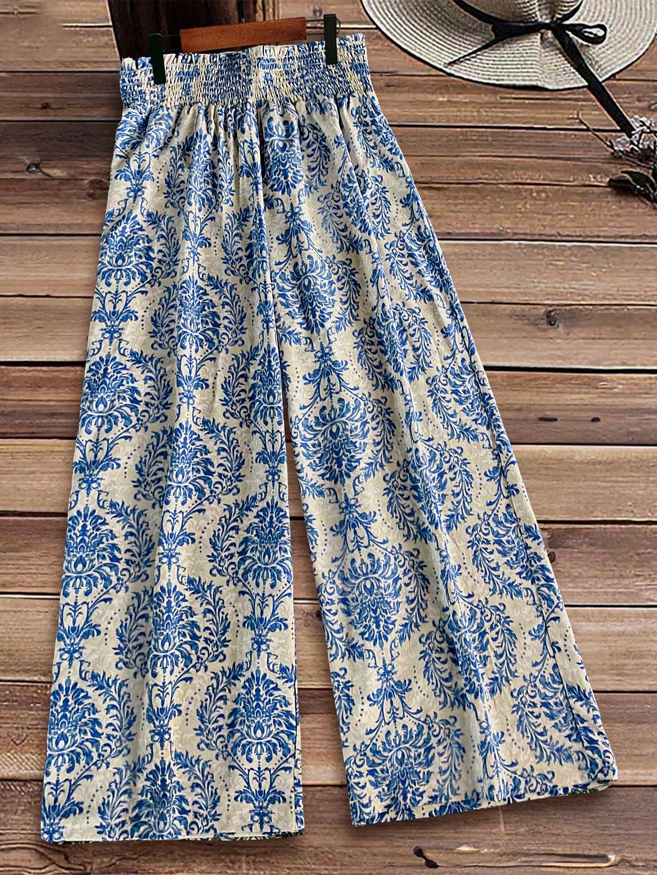 LUNE Plus Size Women's Vacation High Waisted Plant Printed Wide Leg Pants