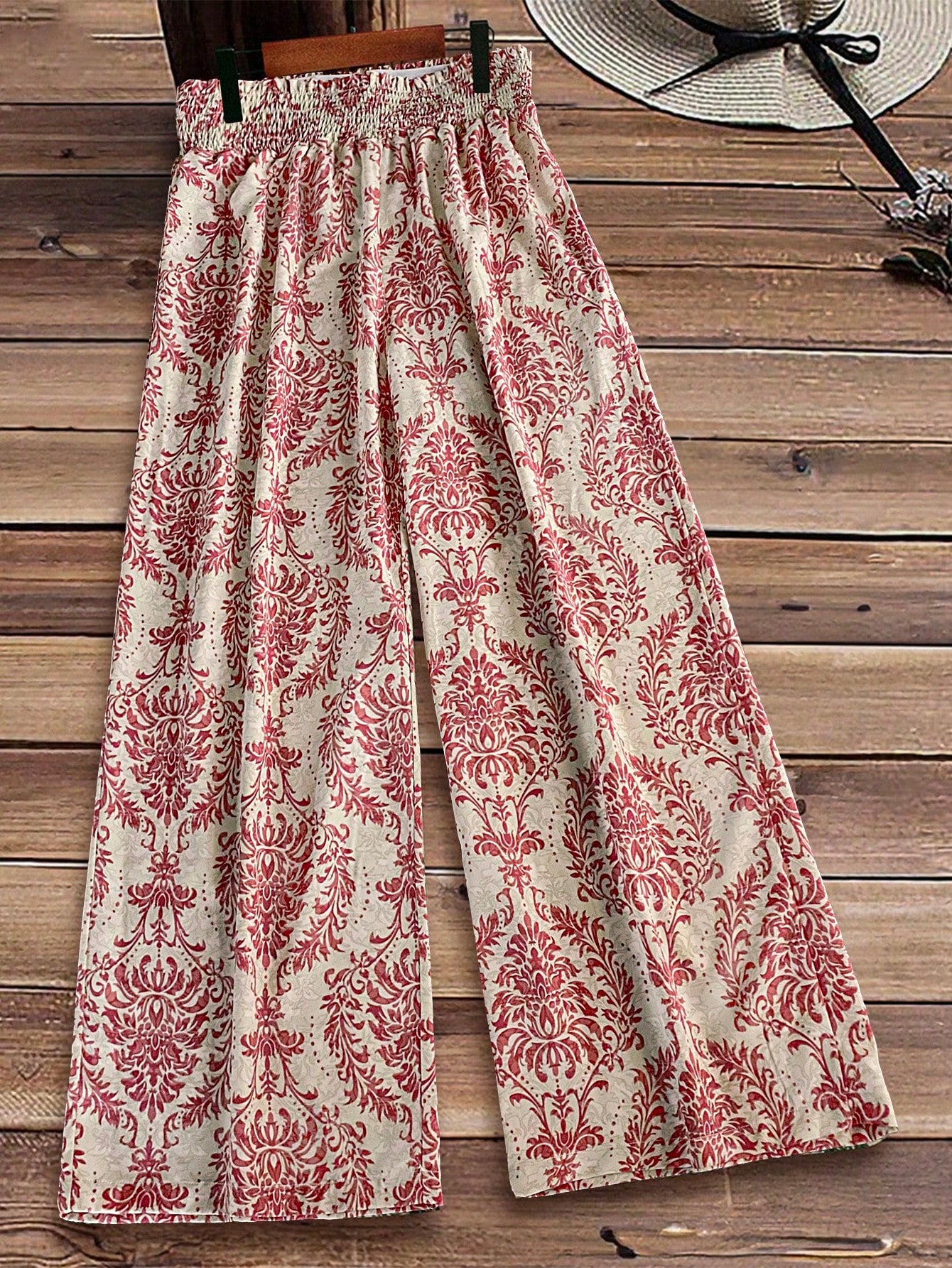 LUNE Plus Size Women's Vacation High Waisted Plant Printed Wide Leg Pants