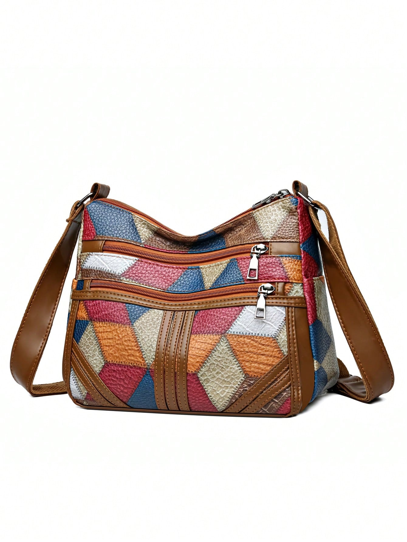 Ladies PU Color Checker Retro Large-Capacity Multi-Pocket Commuter Omni-Adjustable Shoulder Strap Messenger Bag