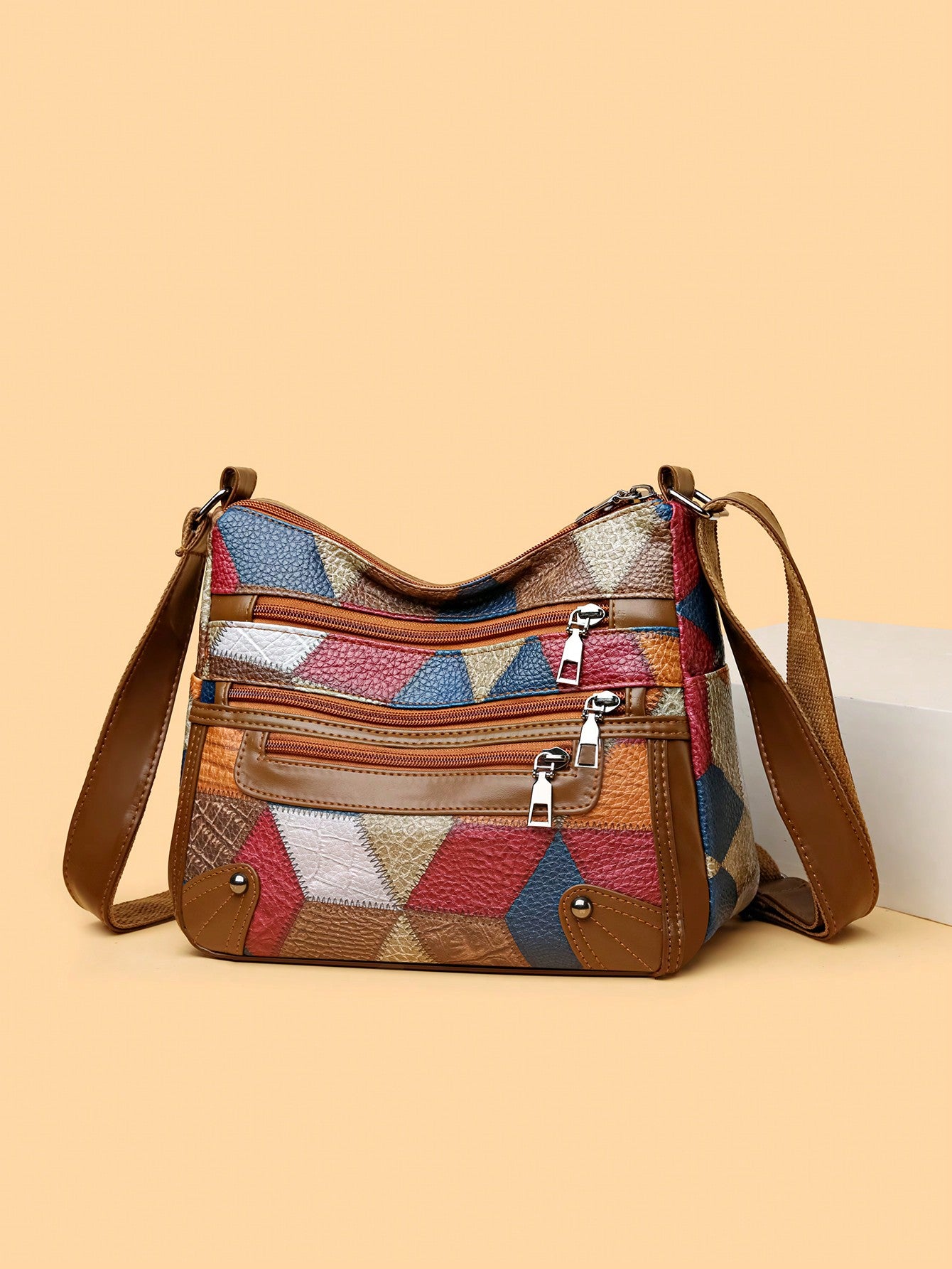 Ladies PU Color Checker Retro Large-Capacity Multi-Pocket Commuter Omni-Adjustable Shoulder Strap Messenger Bag