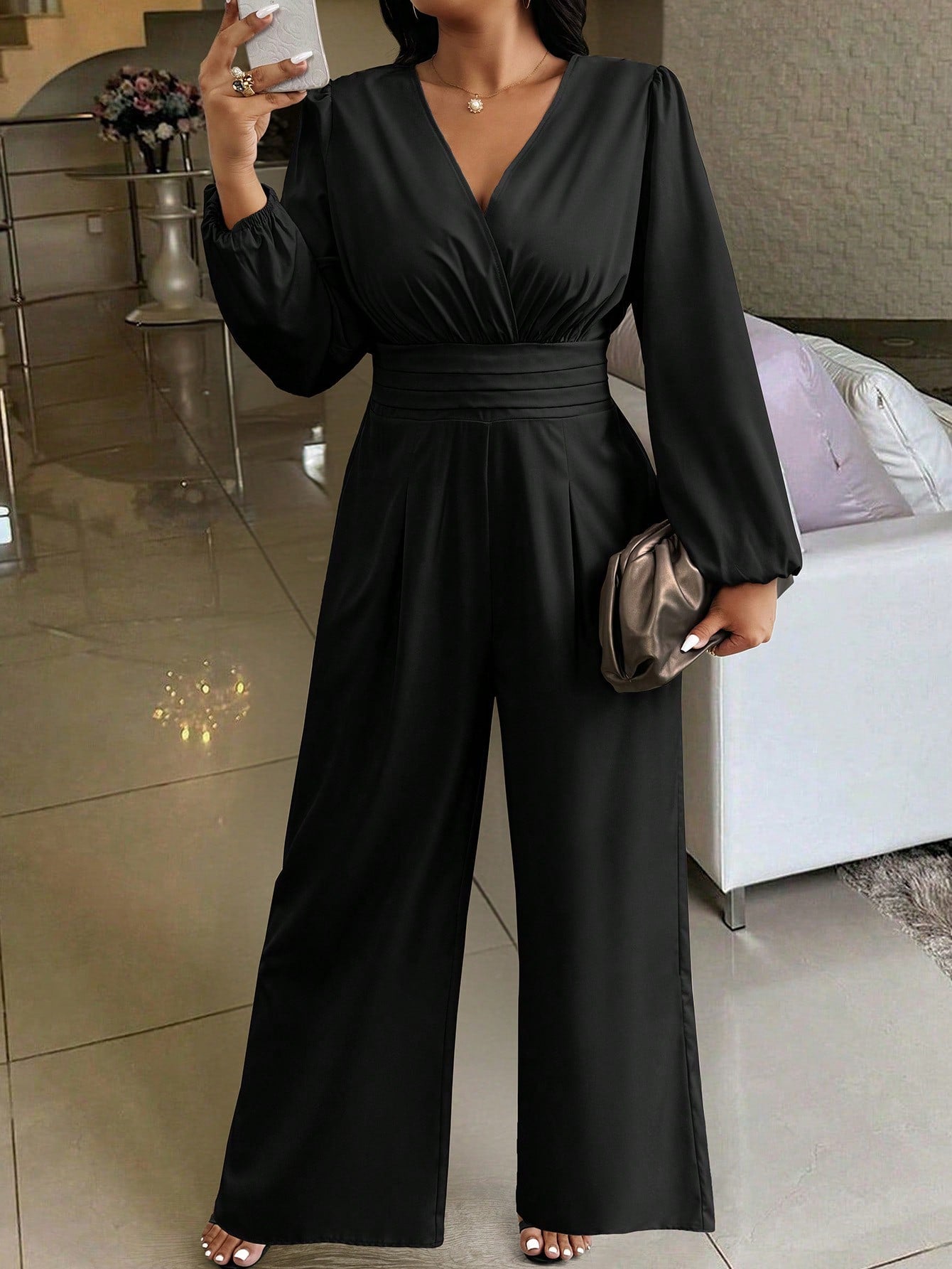 Privé Plus Size Solid V-Neck Long Sleeve Ruched Casual Jumpsuit