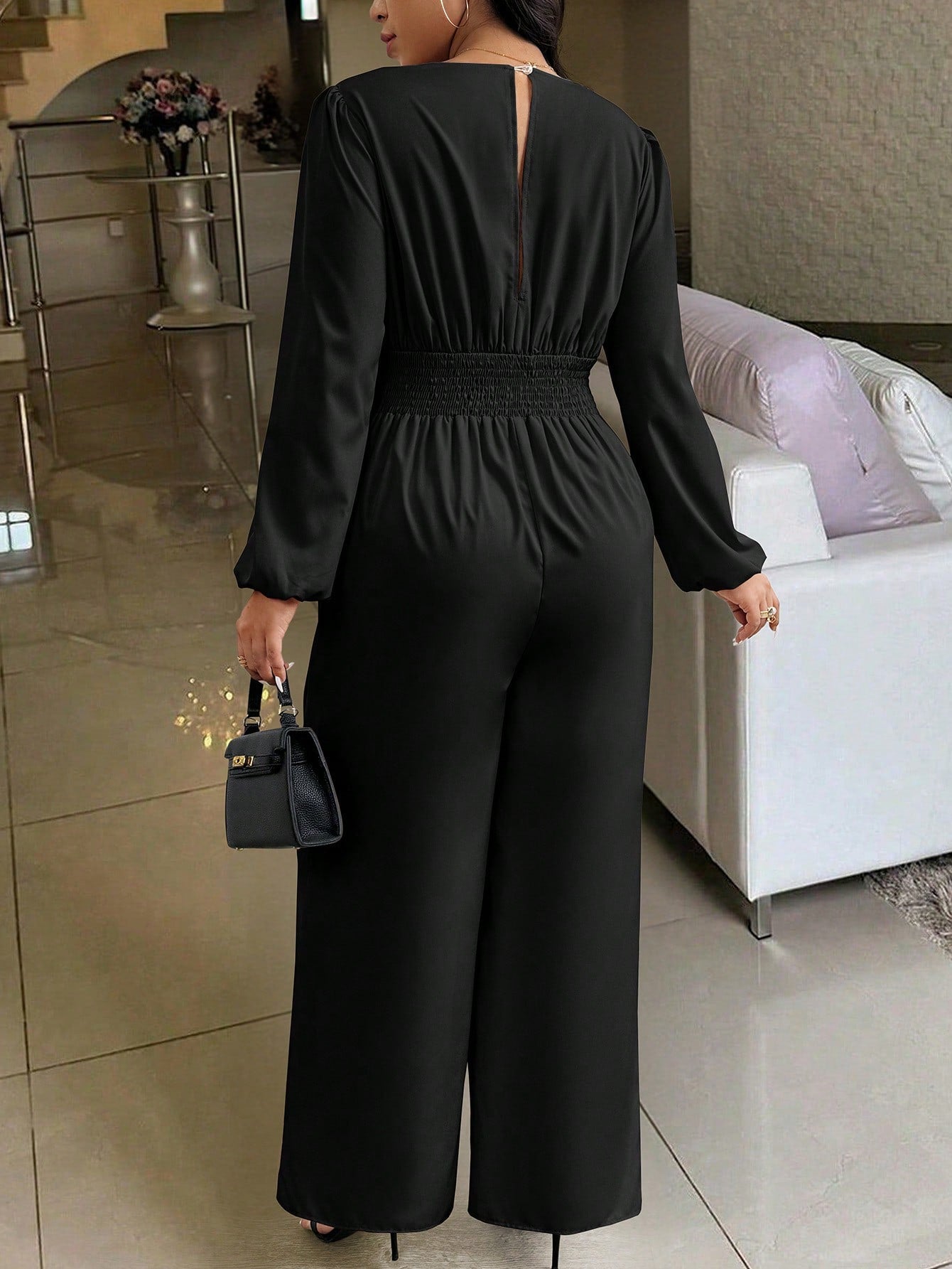 Privé Plus Size Solid V-Neck Long Sleeve Ruched Casual Jumpsuit