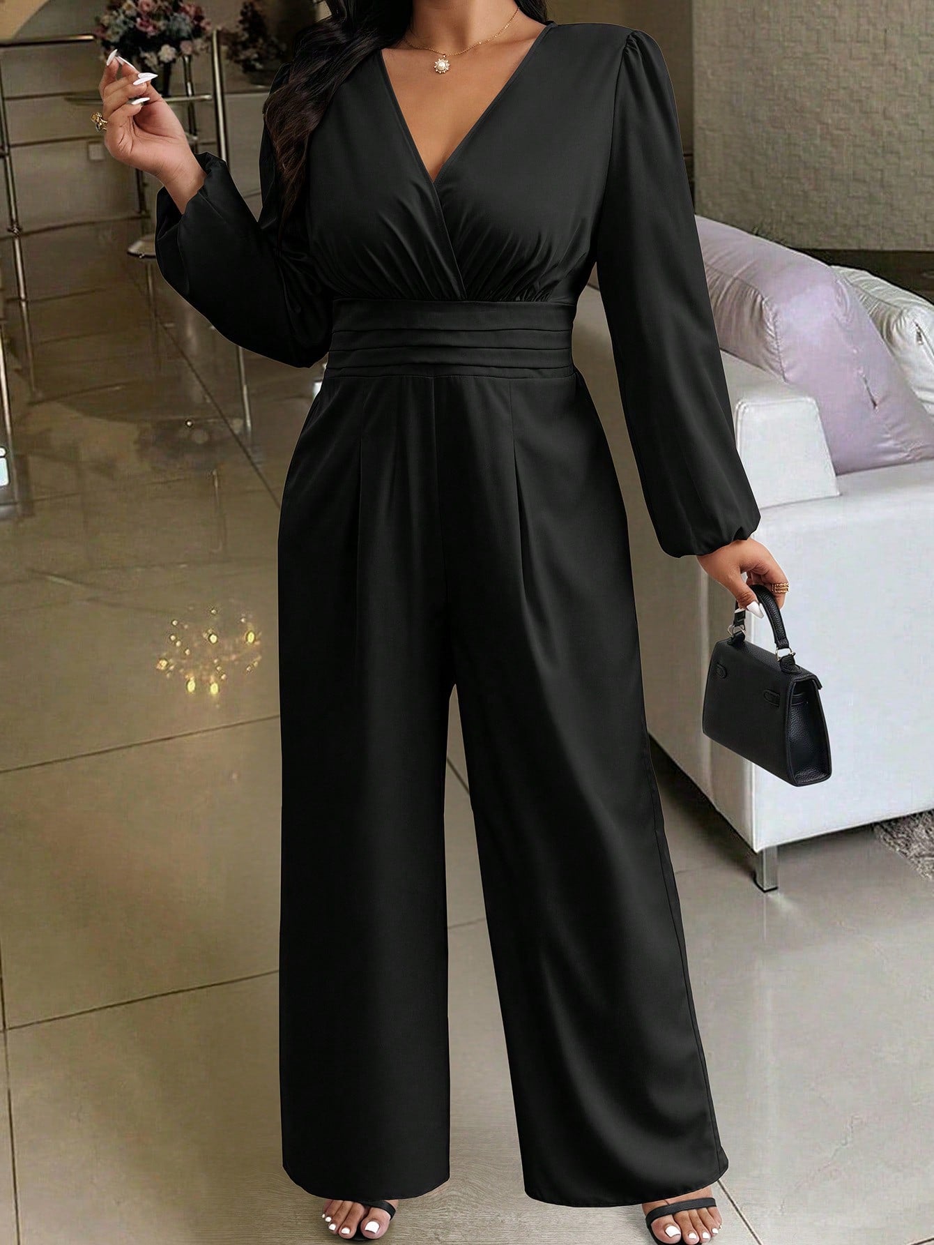 Privé Plus Size Solid V-Neck Long Sleeve Ruched Casual Jumpsuit