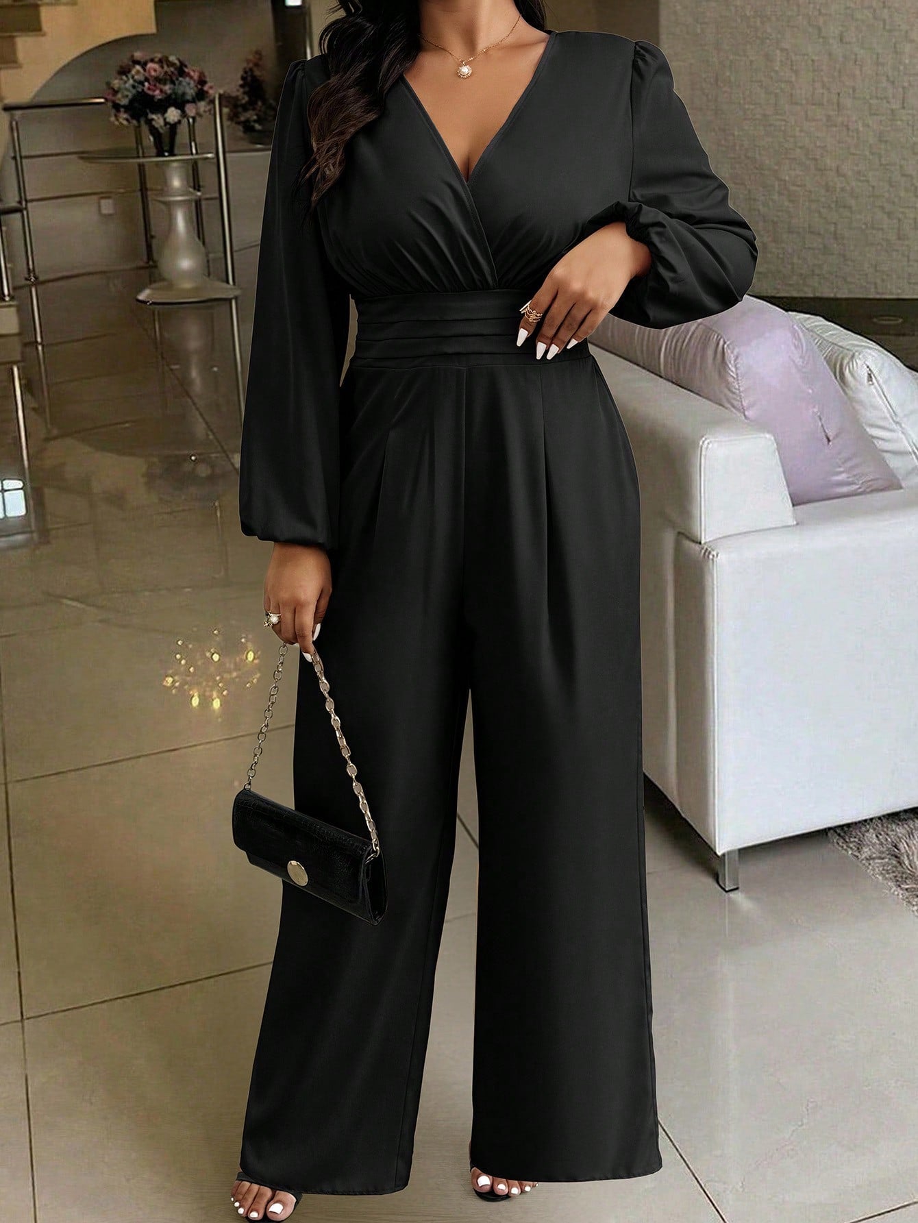 Privé Plus Size Solid V-Neck Long Sleeve Ruched Casual Jumpsuit