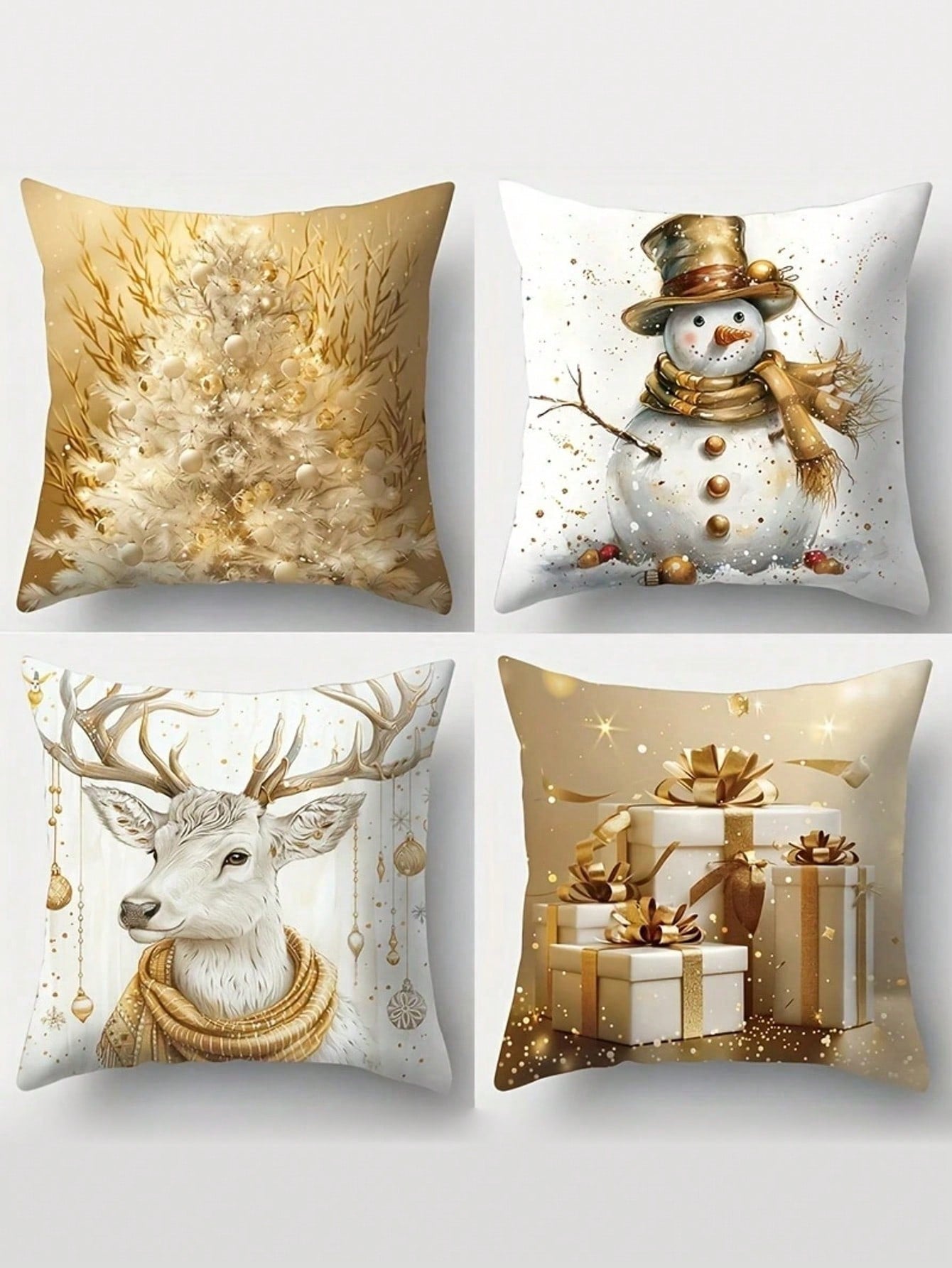 4 Piece Christmas Pillow Case - Contemporary Style, Cute Christmas Snowman And Cartoon Elk & Christmas Tree Print, Zipper Closure, Hand Wash, Woven Polyester For Living Room Decor, Golden Christmas Themed Party Decor Pillow Case