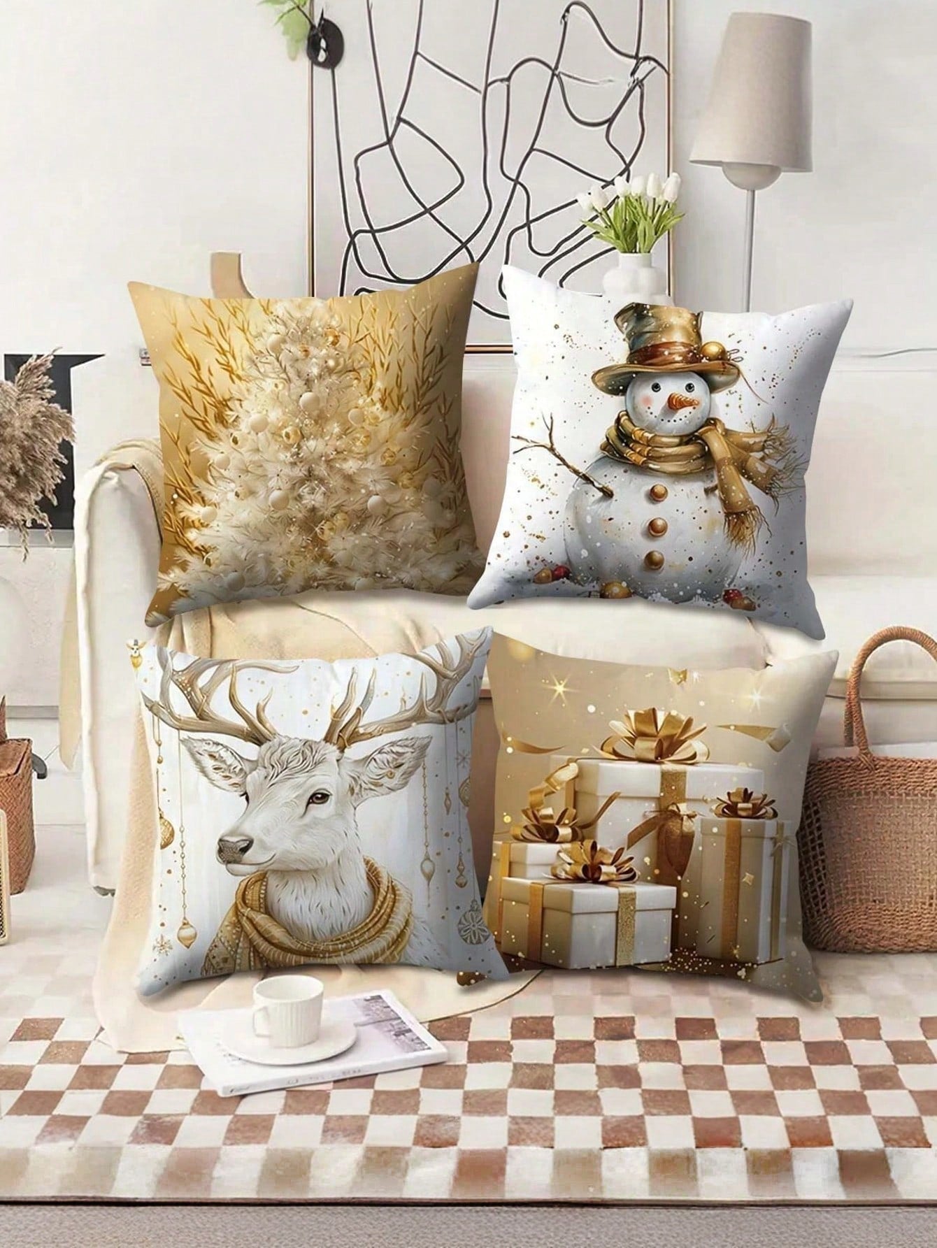 4 Piece Christmas Pillow Case - Contemporary Style, Cute Christmas Snowman And Cartoon Elk & Christmas Tree Print, Zipper Closure, Hand Wash, Woven Polyester For Living Room Decor, Golden Christmas Themed Party Decor Pillow Case