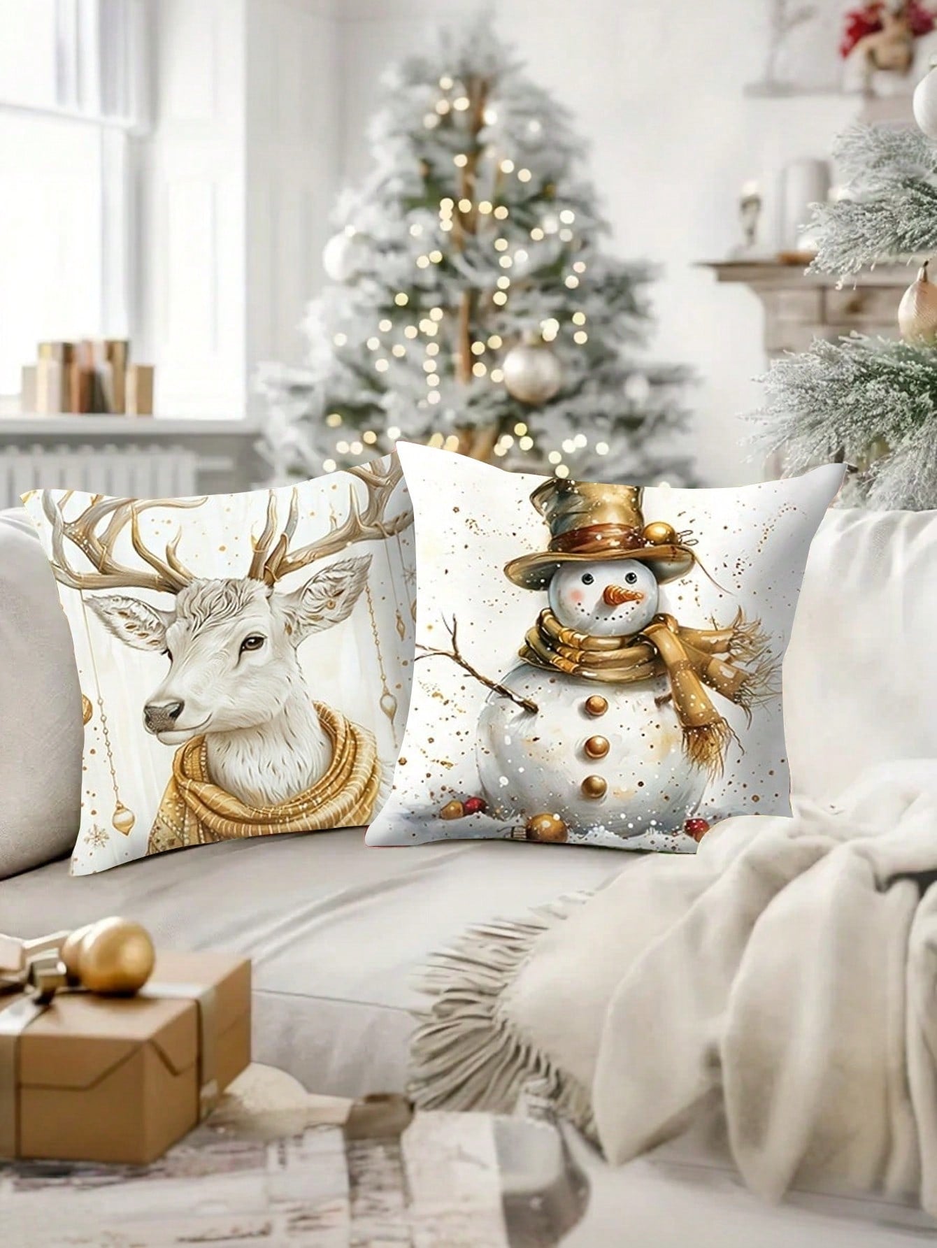 4 Piece Christmas Pillow Case - Contemporary Style, Cute Christmas Snowman And Cartoon Elk & Christmas Tree Print, Zipper Closure, Hand Wash, Woven Polyester For Living Room Decor, Golden Christmas Themed Party Decor Pillow Case