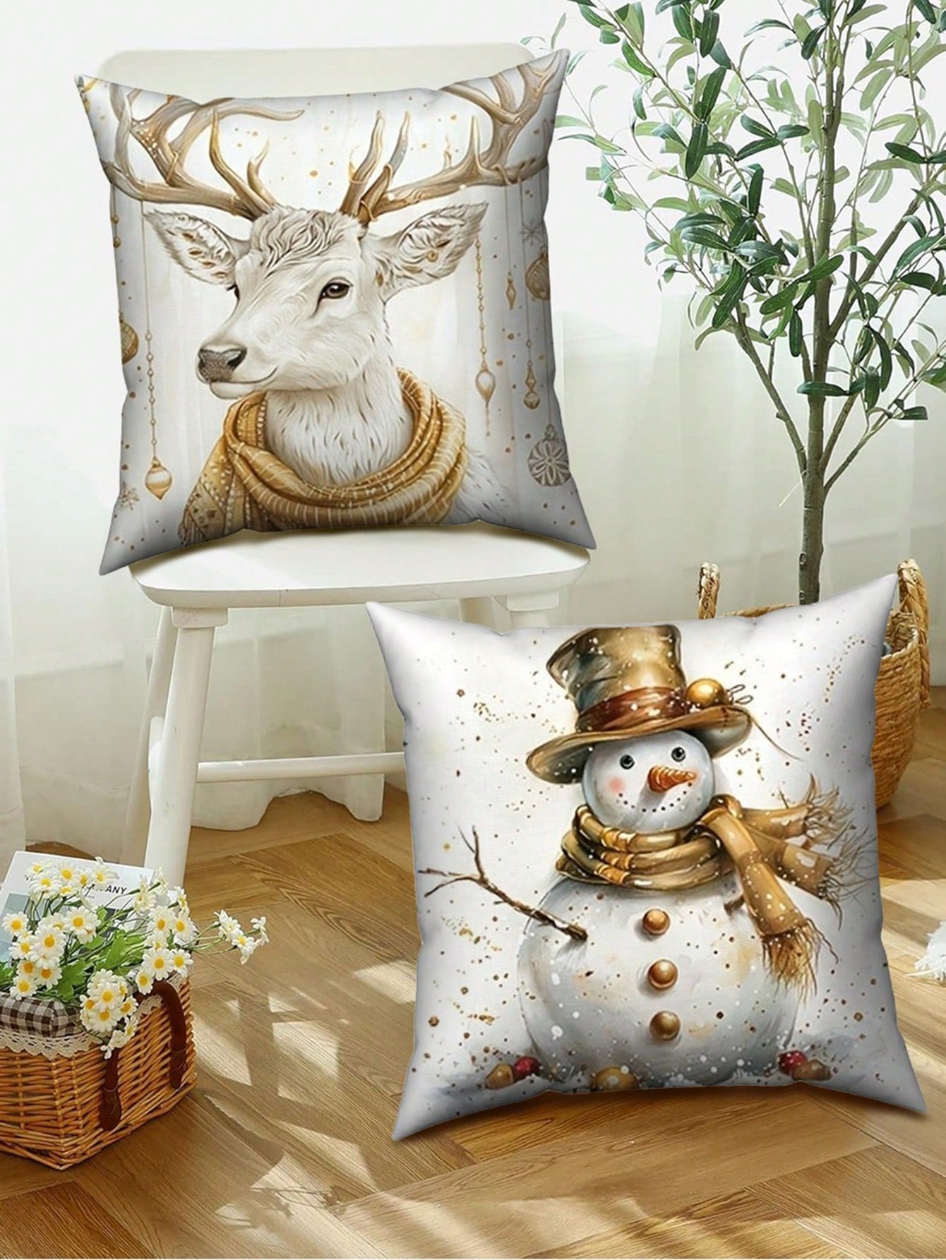 4 Piece Christmas Pillow Case - Contemporary Style, Cute Christmas Snowman And Cartoon Elk & Christmas Tree Print, Zipper Closure, Hand Wash, Woven Polyester For Living Room Decor, Golden Christmas Themed Party Decor Pillow Case