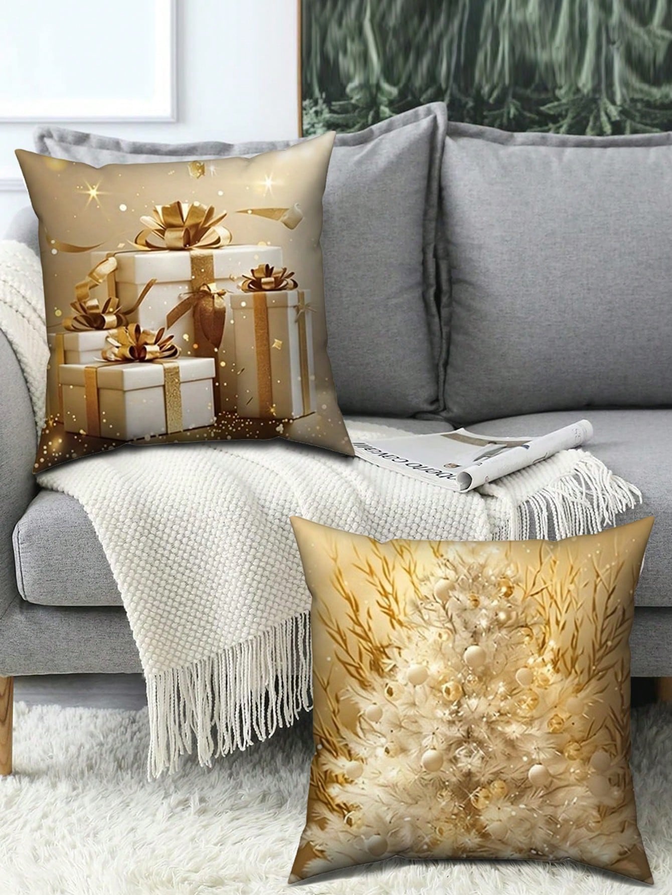 4 Piece Christmas Pillow Case - Contemporary Style, Cute Christmas Snowman And Cartoon Elk & Christmas Tree Print, Zipper Closure, Hand Wash, Woven Polyester For Living Room Decor, Golden Christmas Themed Party Decor Pillow Case