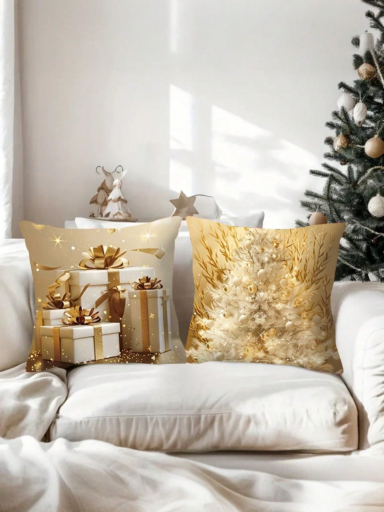 4 Piece Christmas Pillow Case - Contemporary Style, Cute Christmas Snowman And Cartoon Elk & Christmas Tree Print, Zipper Closure, Hand Wash, Woven Polyester For Living Room Decor, Golden Christmas Themed Party Decor Pillow Case