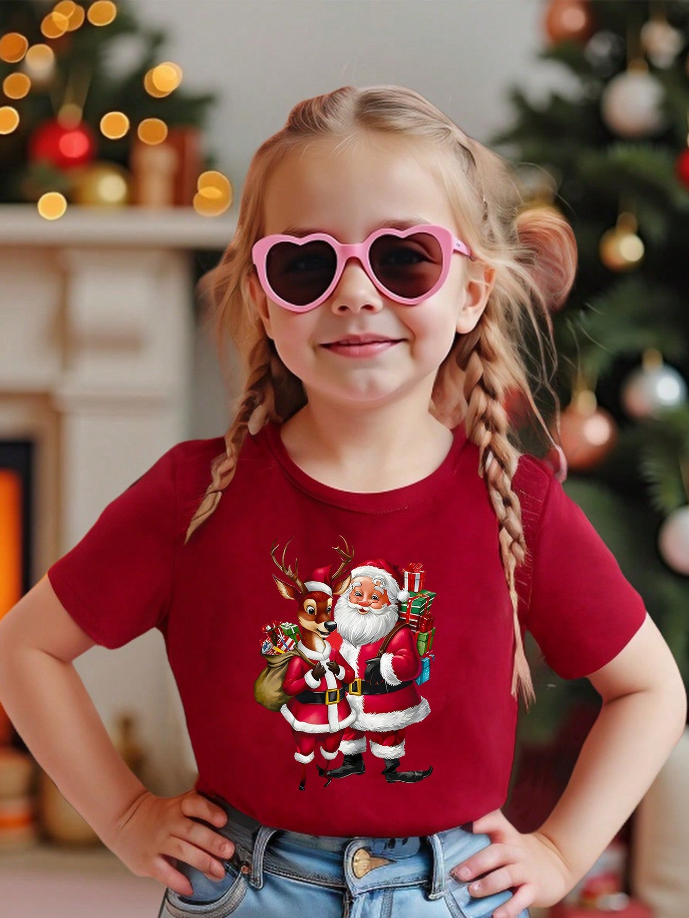 Young Girl' Casual Christmas Santa Claus & Deer Print Basic Short Sleeve T-Shirt, Suitable For Christmas Party