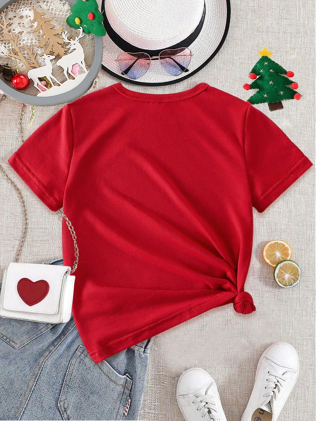 Young Girl' Casual Christmas Santa Claus & Deer Print Basic Short Sleeve T-Shirt, Suitable For Christmas Party