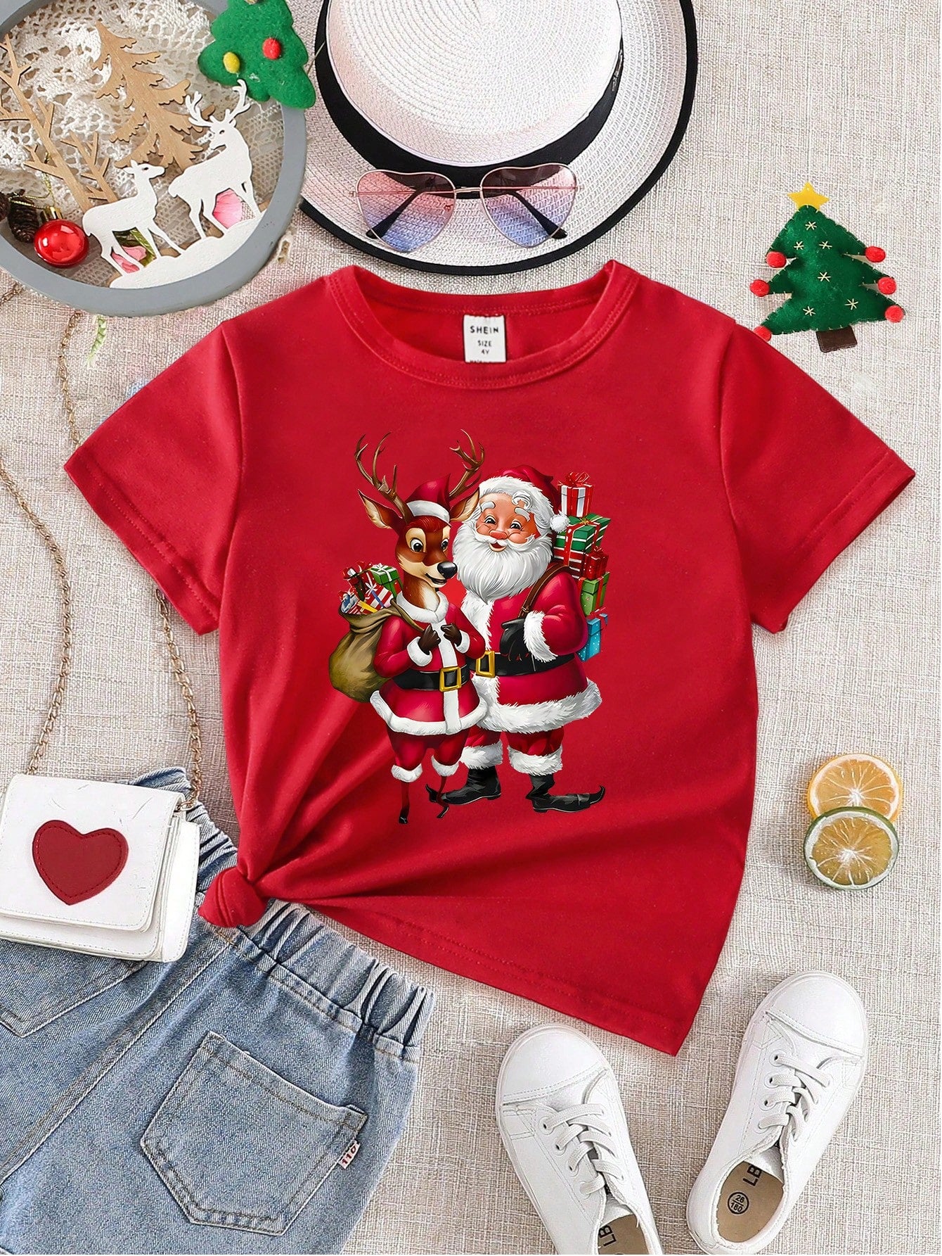 Young Girl' Casual Christmas Santa Claus & Deer Print Basic Short Sleeve T-Shirt, Suitable For Christmas Party