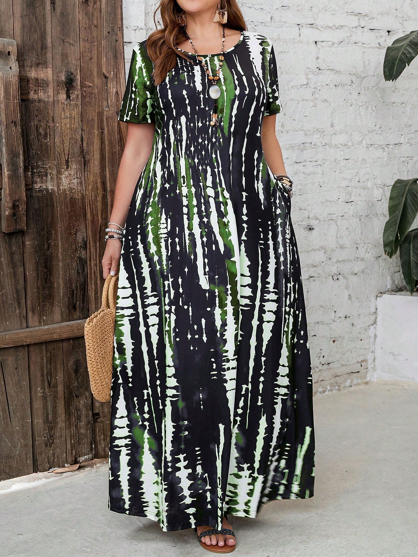 EMERY ROSE Plus Size Vacation Casual Tie-Dye Printed Long Dress