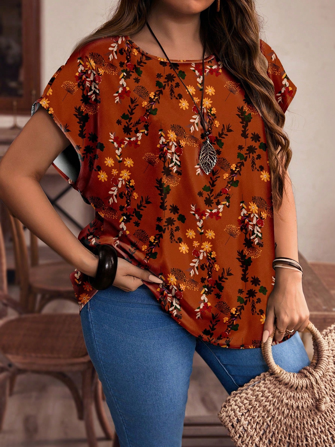 EMERY ROSE Plus Size Red Floral Pattern Casual All-Over Print Button-Up Shirt, Suitable For Autumn