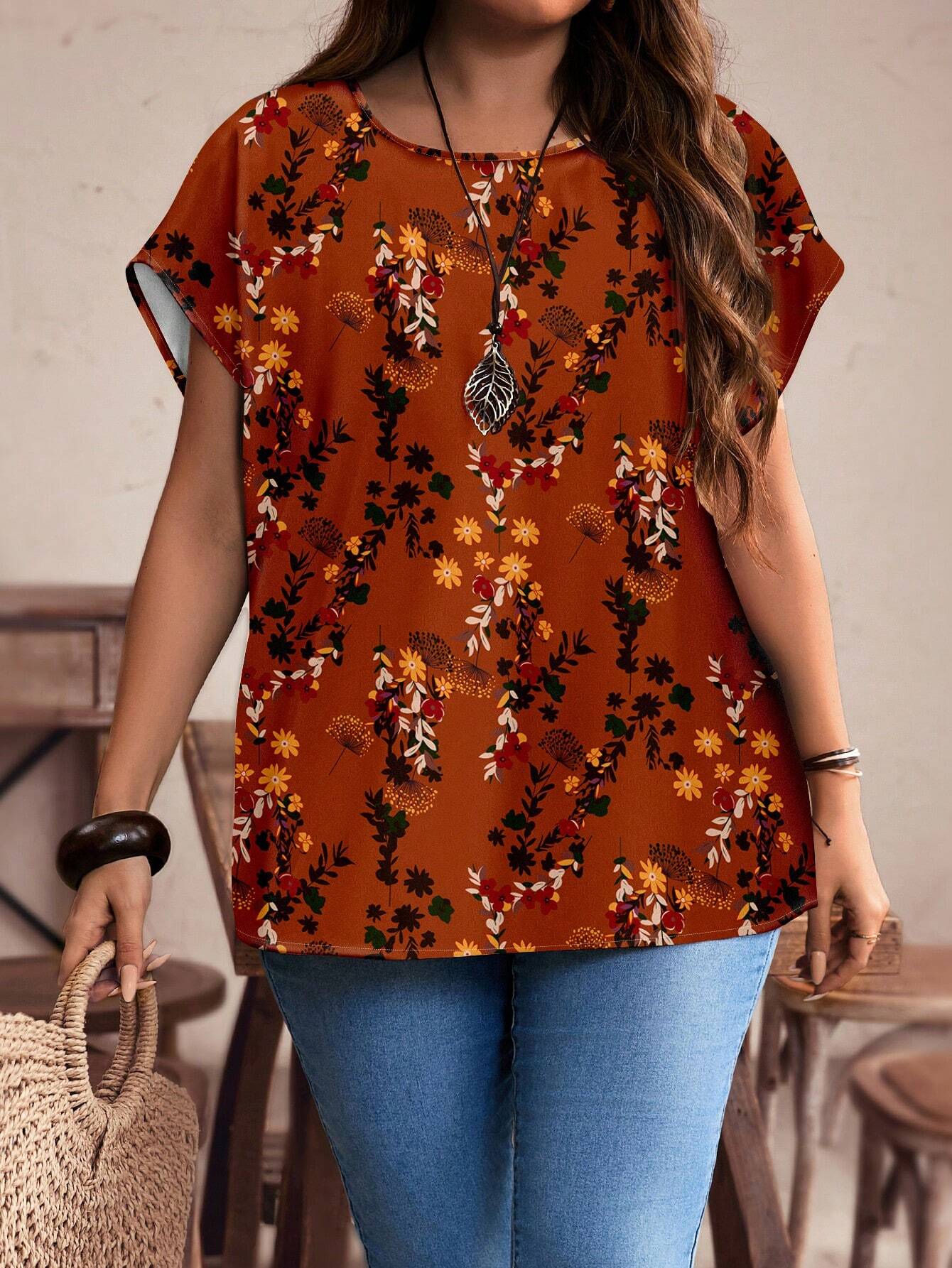 EMERY ROSE Plus Size Red Floral Pattern Casual All-Over Print Button-Up Shirt, Suitable For Autumn