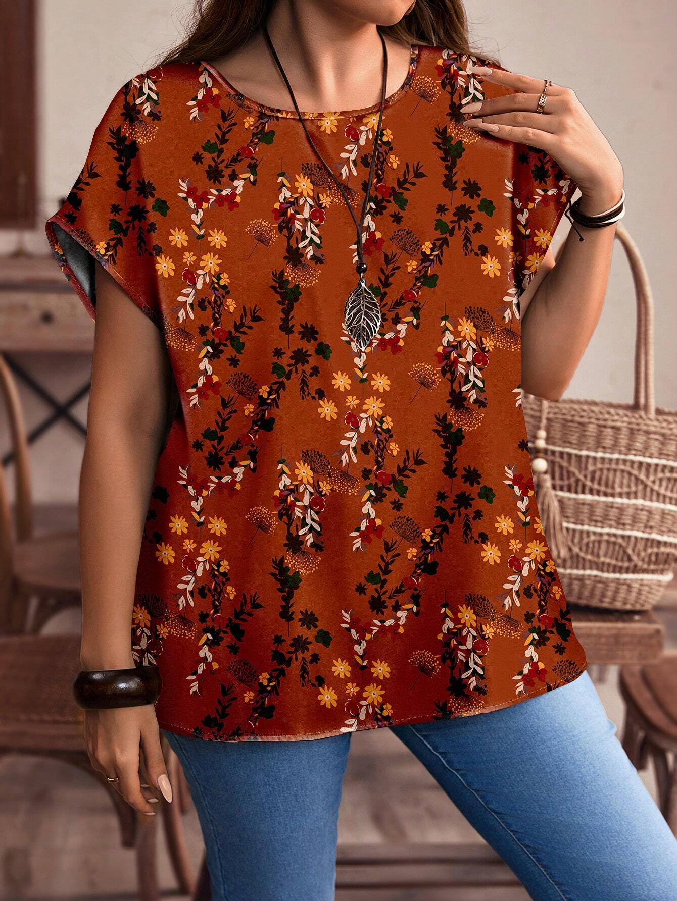 EMERY ROSE Plus Size Red Floral Pattern Casual All-Over Print Button-Up Shirt, Suitable For Autumn