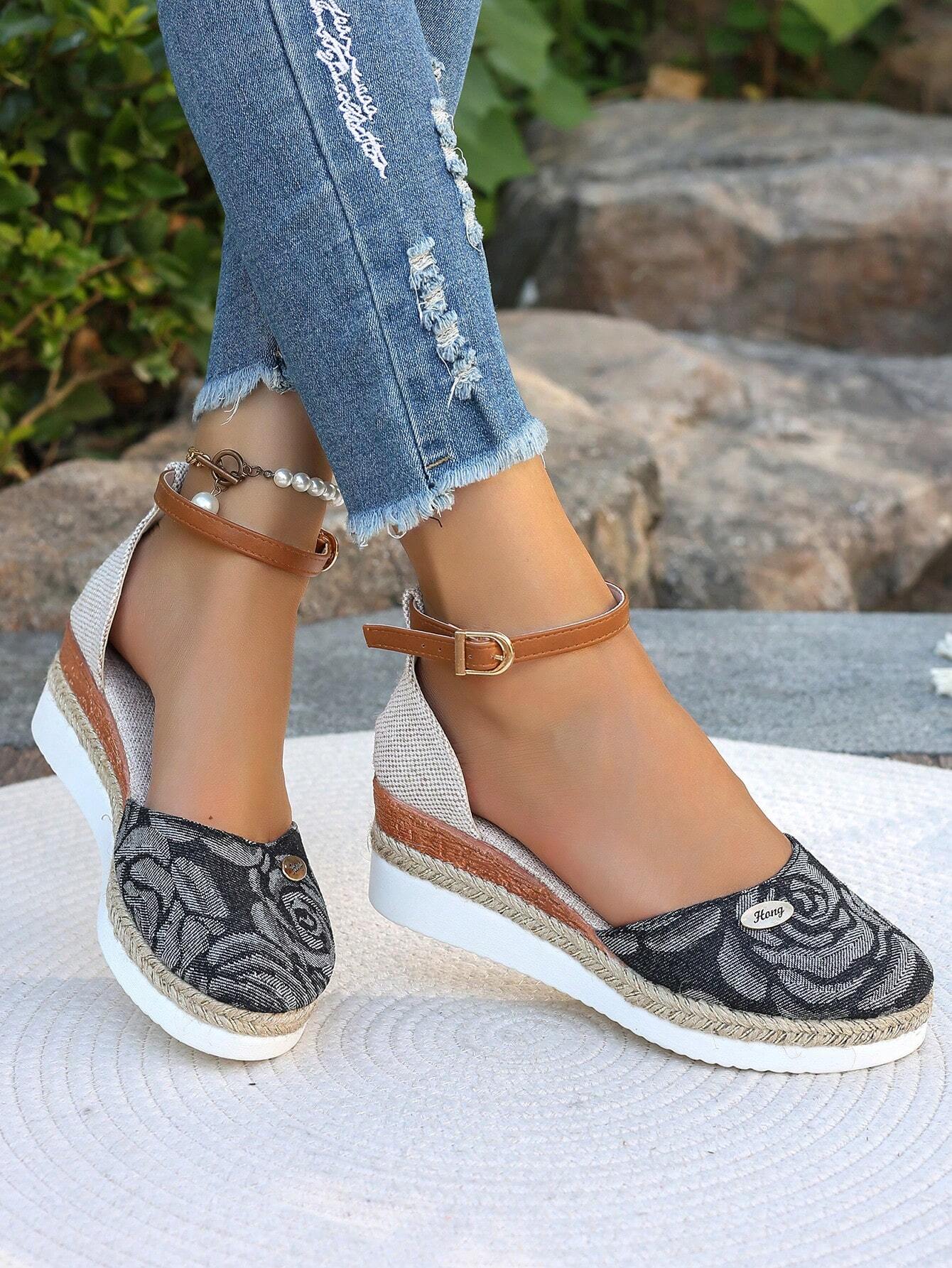 Women's Plus Size Faux Suede Spliced Fashionable Lightweight Espadrilles Sandals With Elegant Wedge Heel & Thick Sole