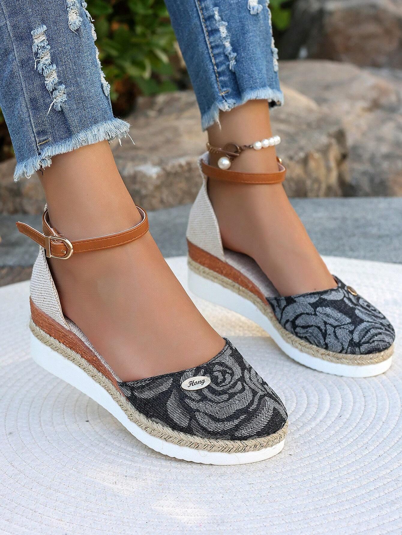 Women's Plus Size Faux Suede Spliced Fashionable Lightweight Espadrilles Sandals With Elegant Wedge Heel & Thick Sole