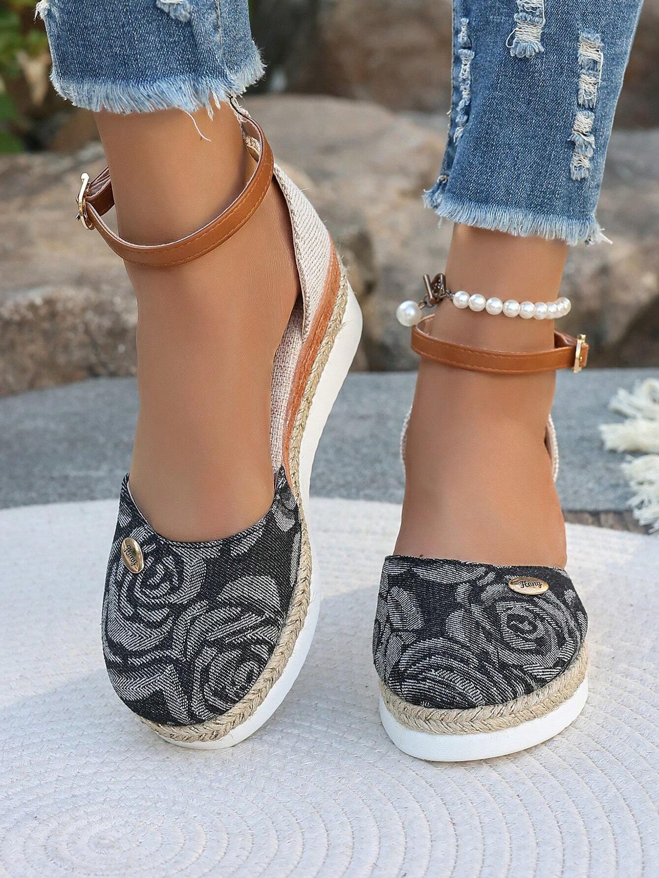 Women's Plus Size Faux Suede Spliced Fashionable Lightweight Espadrilles Sandals With Elegant Wedge Heel & Thick Sole