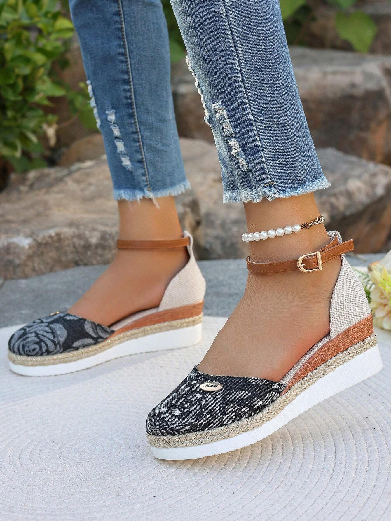 Women's Plus Size Faux Suede Spliced Fashionable Lightweight Espadrilles Sandals With Elegant Wedge Heel & Thick Sole