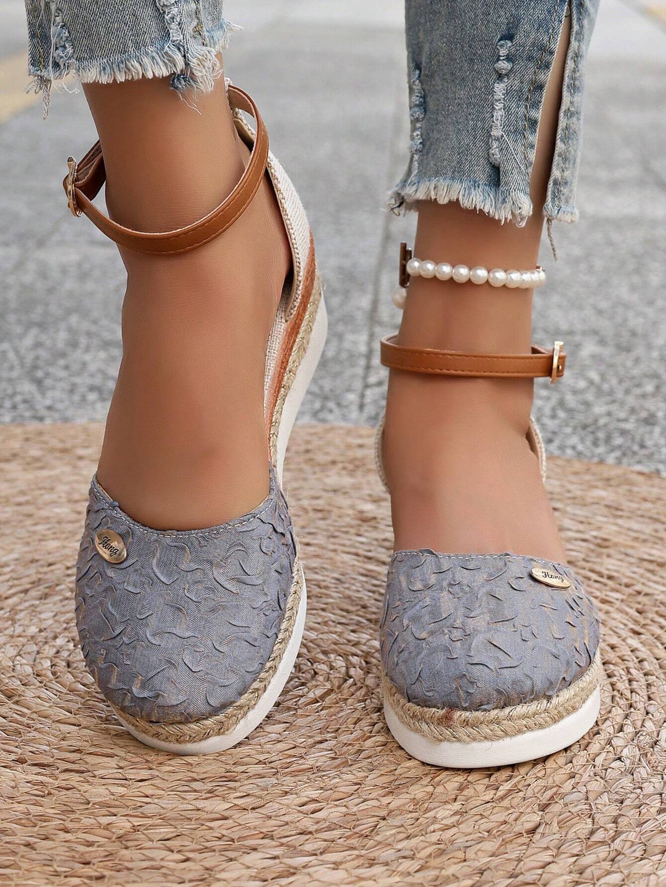 Women's Plus Size Faux Suede Spliced Fashionable Lightweight Espadrilles Sandals With Elegant Wedge Heel & Thick Sole