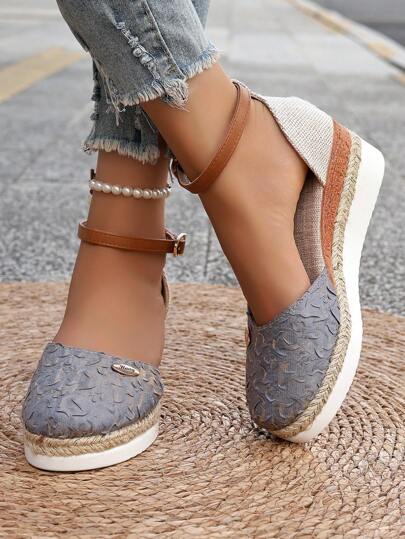 Women's Plus Size Faux Suede Spliced Fashionable Lightweight Espadrilles Sandals With Elegant Wedge Heel & Thick Sole