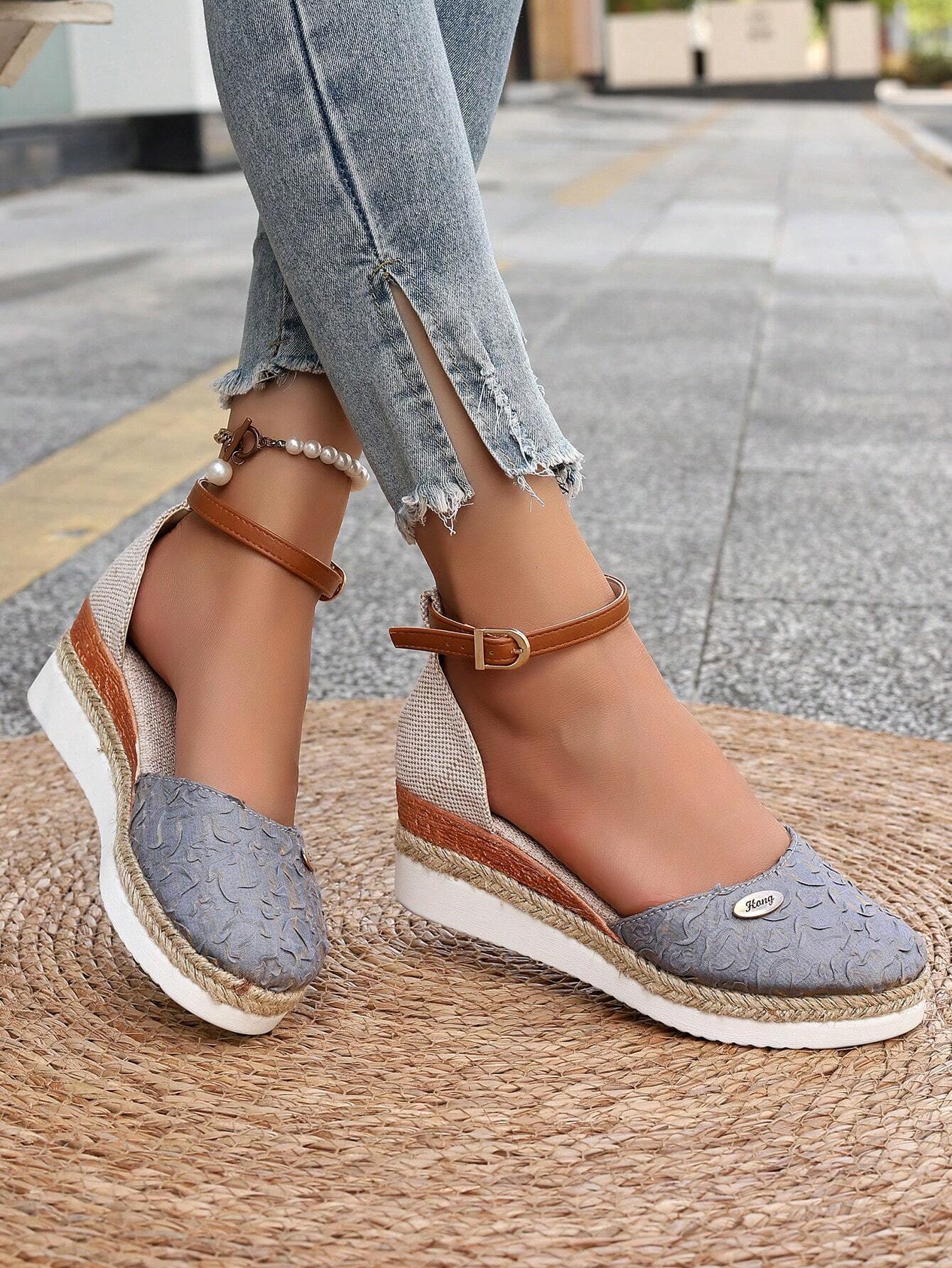 Women's Plus Size Faux Suede Spliced Fashionable Lightweight Espadrilles Sandals With Elegant Wedge Heel & Thick Sole