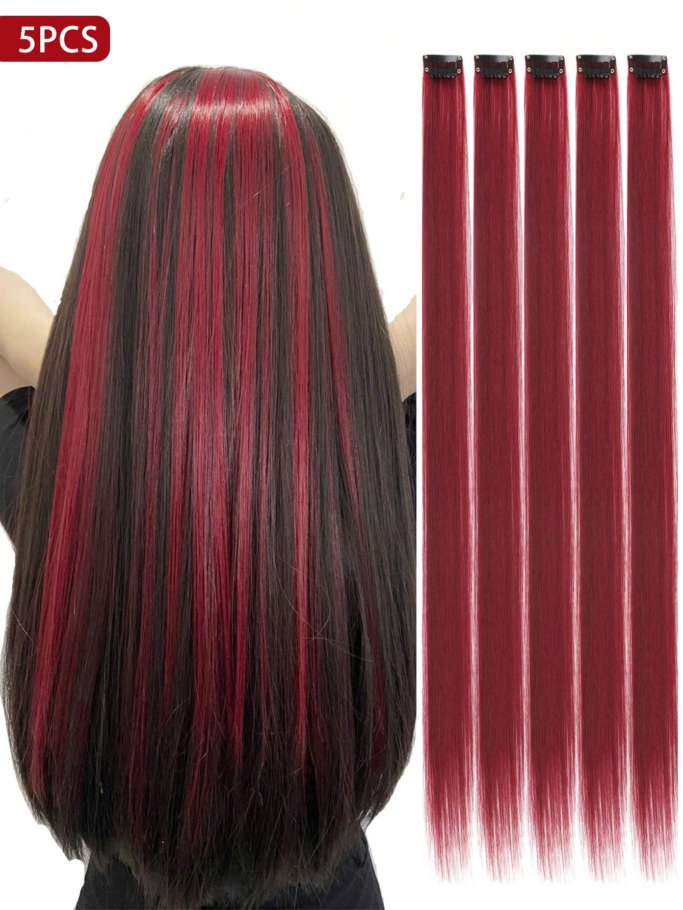 5 PCS Burgundy Colored Clip In Hair Extensions 20 Inch Long Straight Hairpieces Clip In Synthetic, Halloween Cosplay Dress Up Fashion Party Christmas New Year Gift For Women Kids Girls(Burgundy)