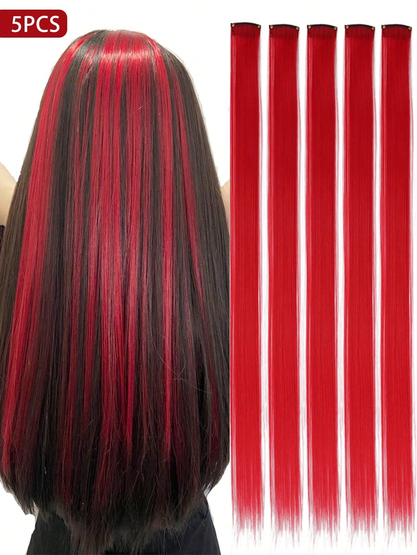 5 PCS Burgundy Colored Clip In Hair Extensions 20 Inch Long Straight Hairpieces Clip In Synthetic, Halloween Cosplay Dress Up Fashion Party Christmas New Year Gift For Women Kids Girls(Burgundy)