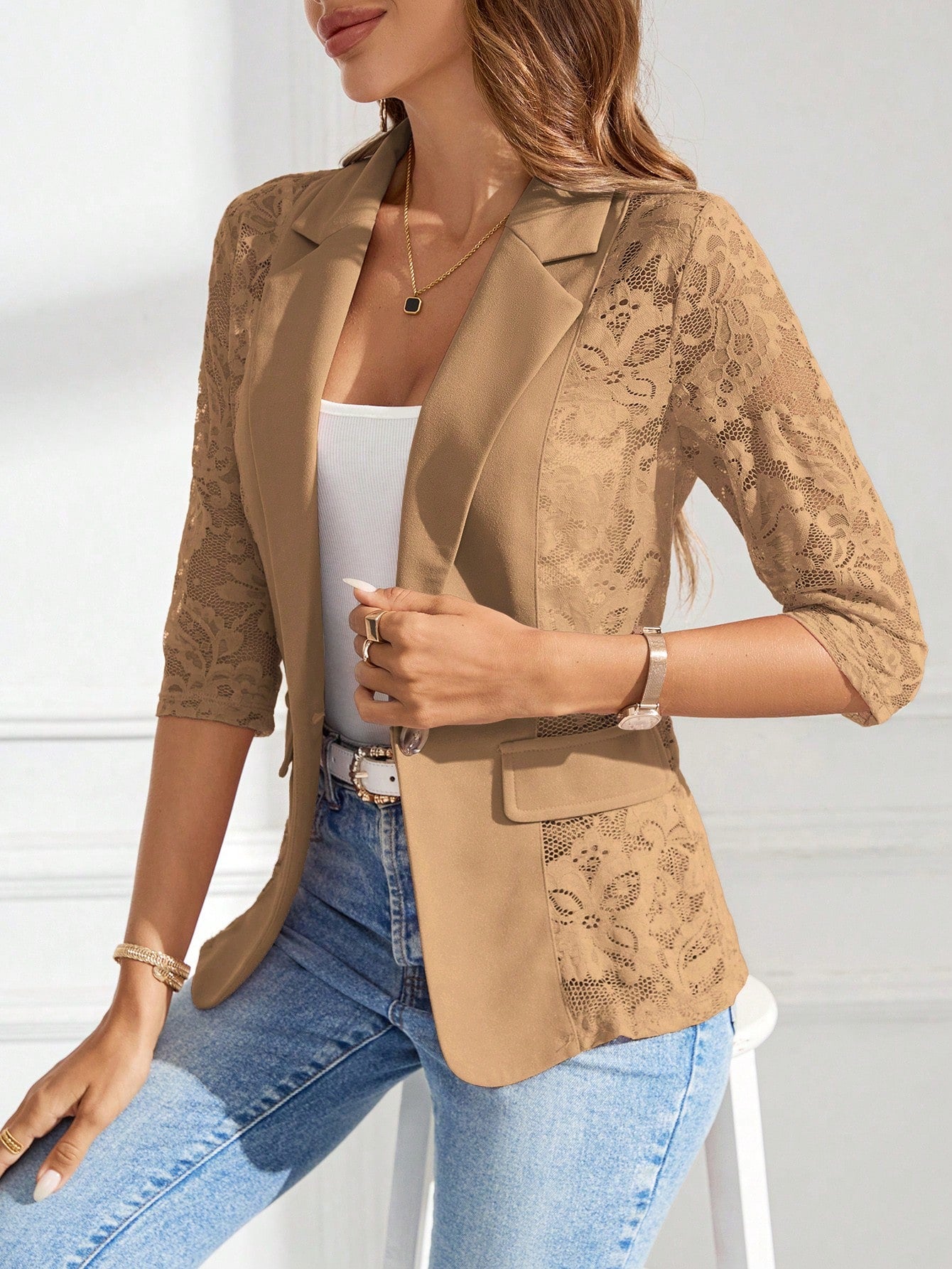 Clasi Contrast Lace Flap Detail Single Button Blazer