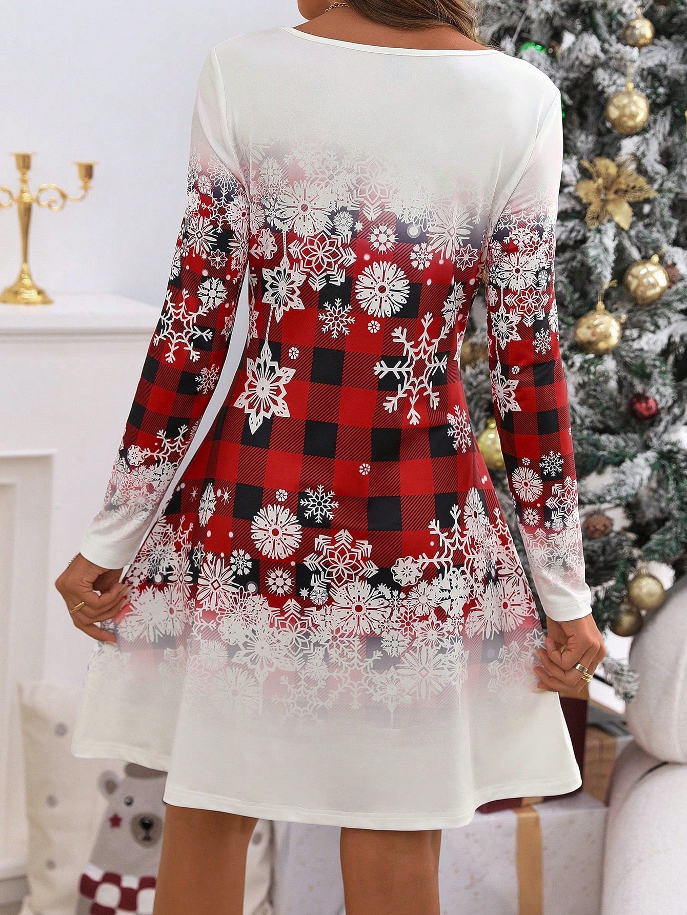 Relaxiva Women Round Neck Plaid & Snowflake Print Long Sleeve Christmas Dress, Fall Clothes