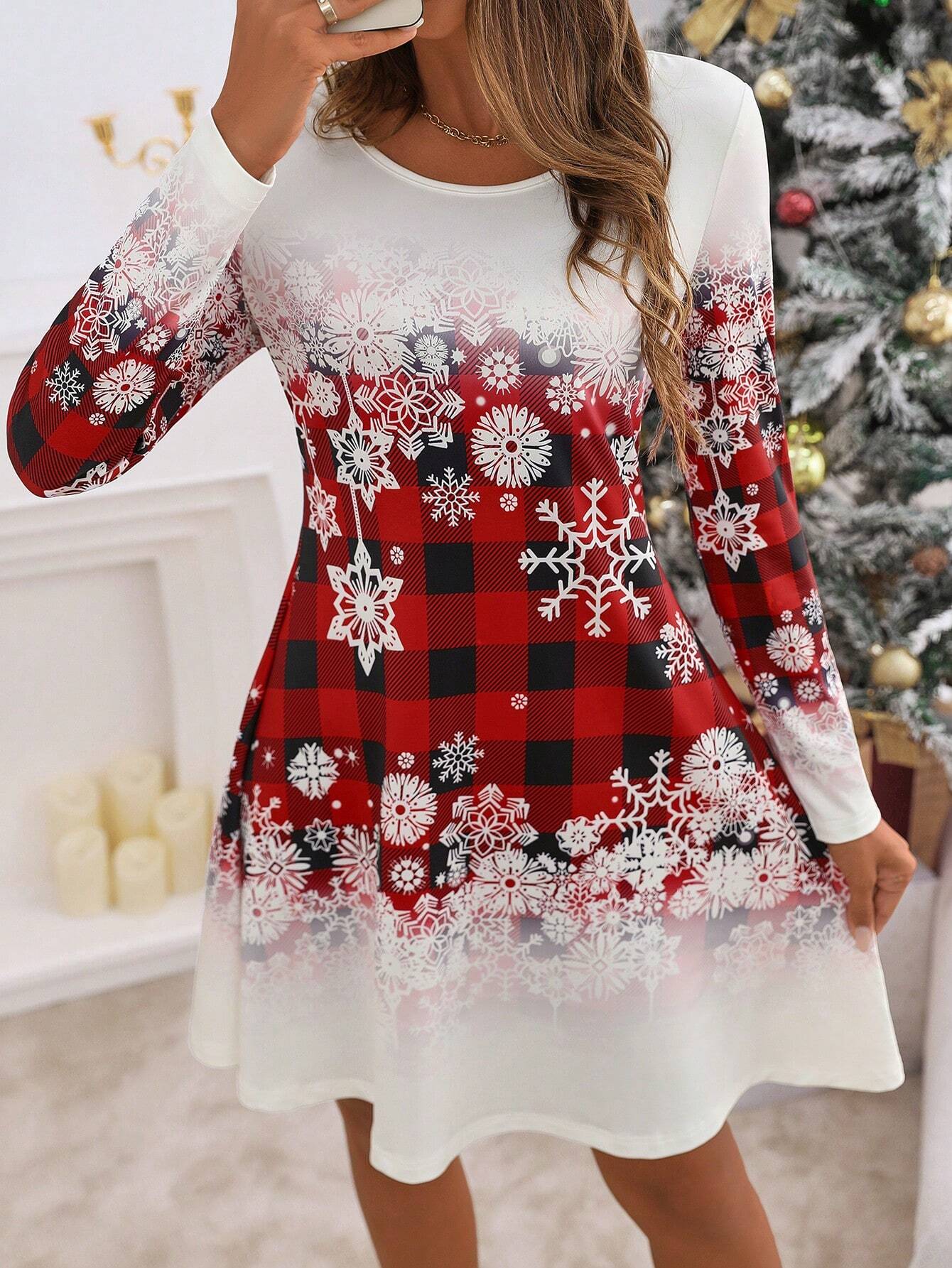 Essnce Women Round Neck Plaid & Snowflake Print Long Sleeve Christmas Dress, Fall Clothes