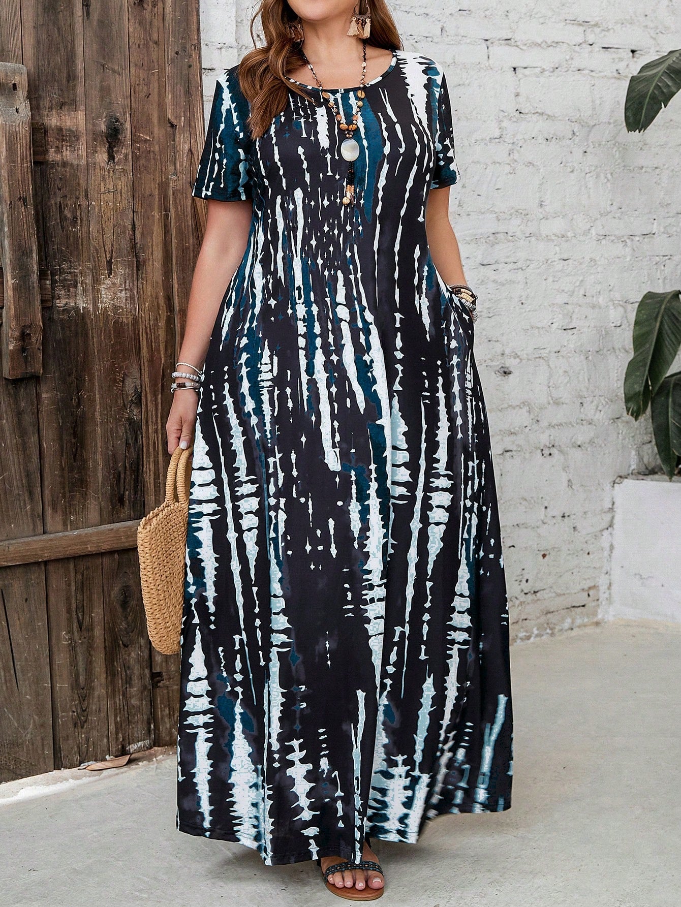 EMERY ROSE Plus Size Vacation Casual Tie-Dye Printed Long Dress