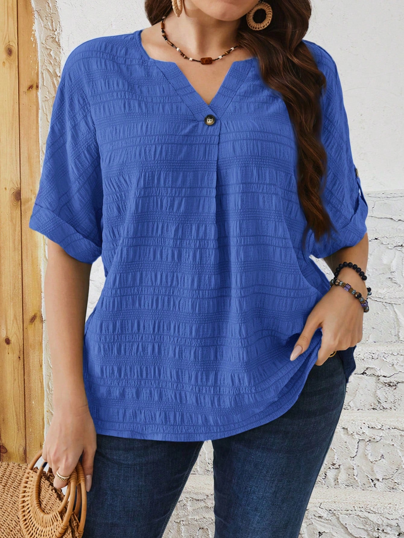 EMERY ROSE Plus Size Relaxed Fit Casual Button Down Shirt With Notched V-Neck And Batwing Sleeves