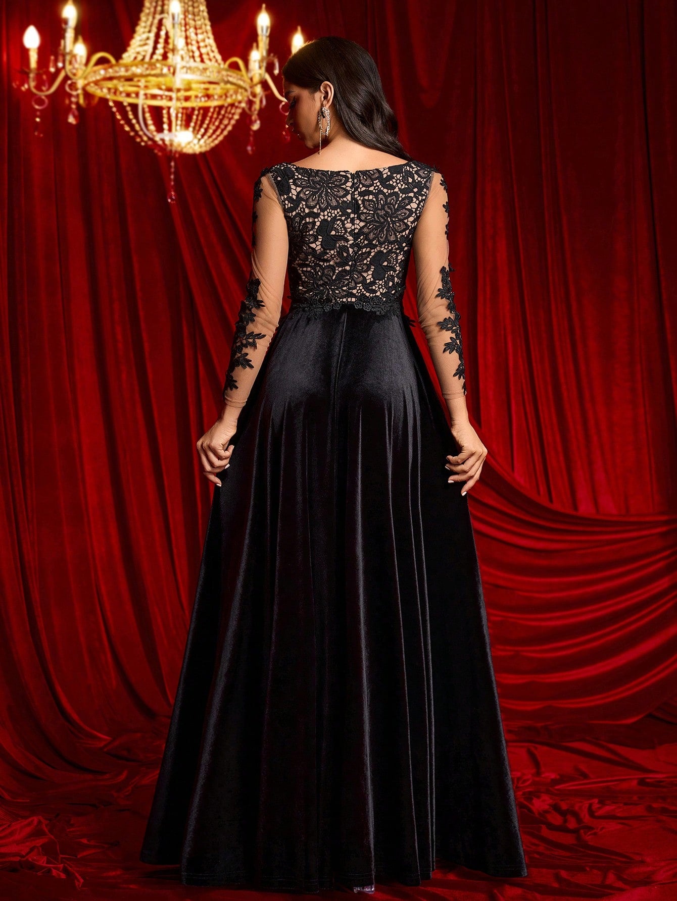 Belle Elegant Dark-Toned Lace Patchwork Sheer V-Neck Long Sleeve Applique Color Block High Slit Evening Gown