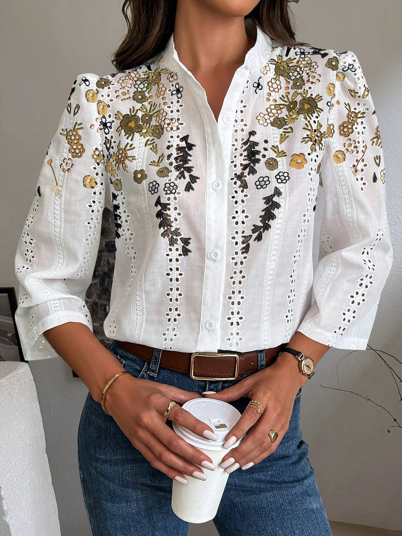 Clasi Floral Embroidery Button Front Shirt