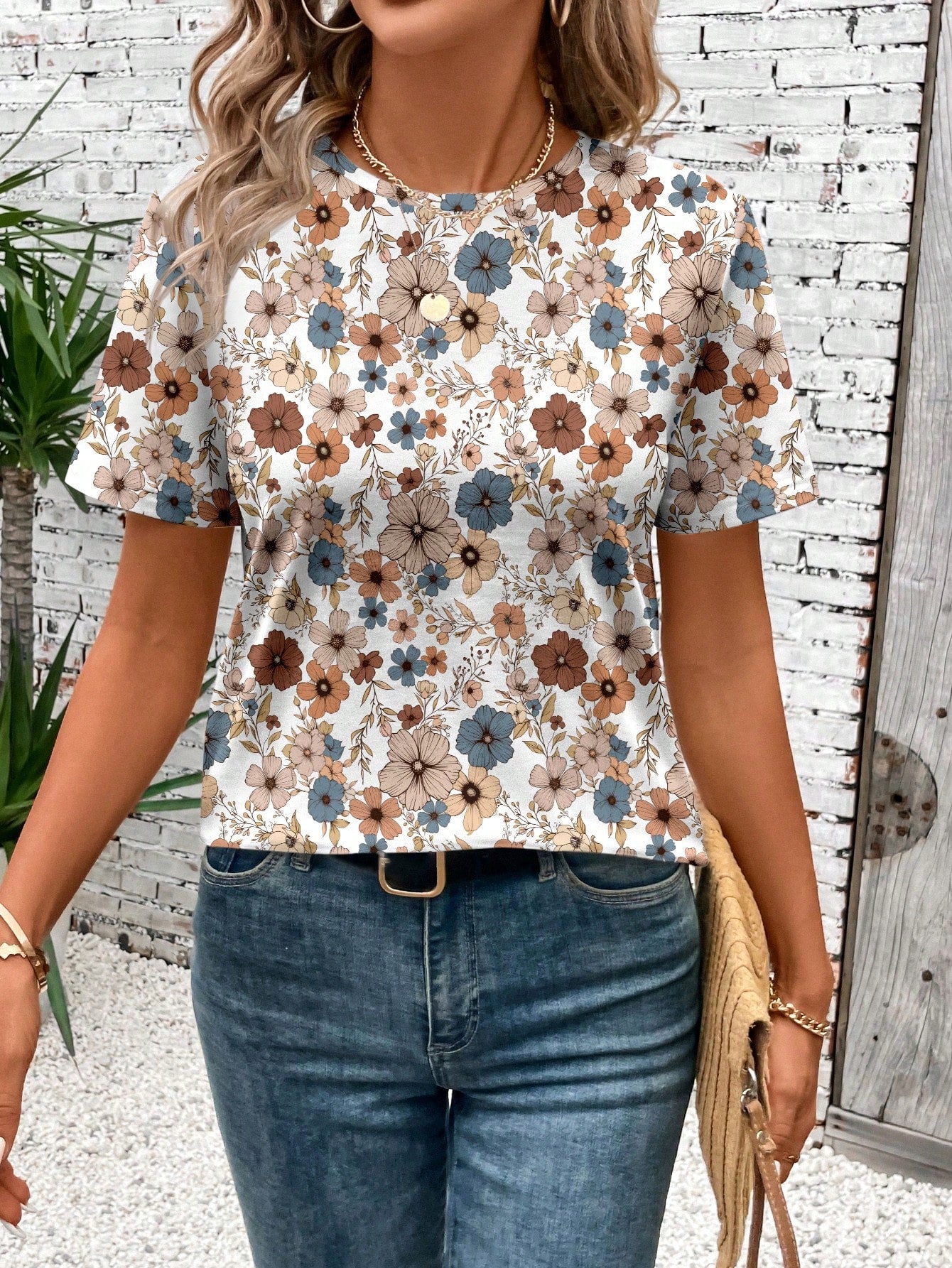 LUNE Casual Loose Fit Floral Print Short Sleeve Crew Neck T-Shirt For Women, Summer-Friendly