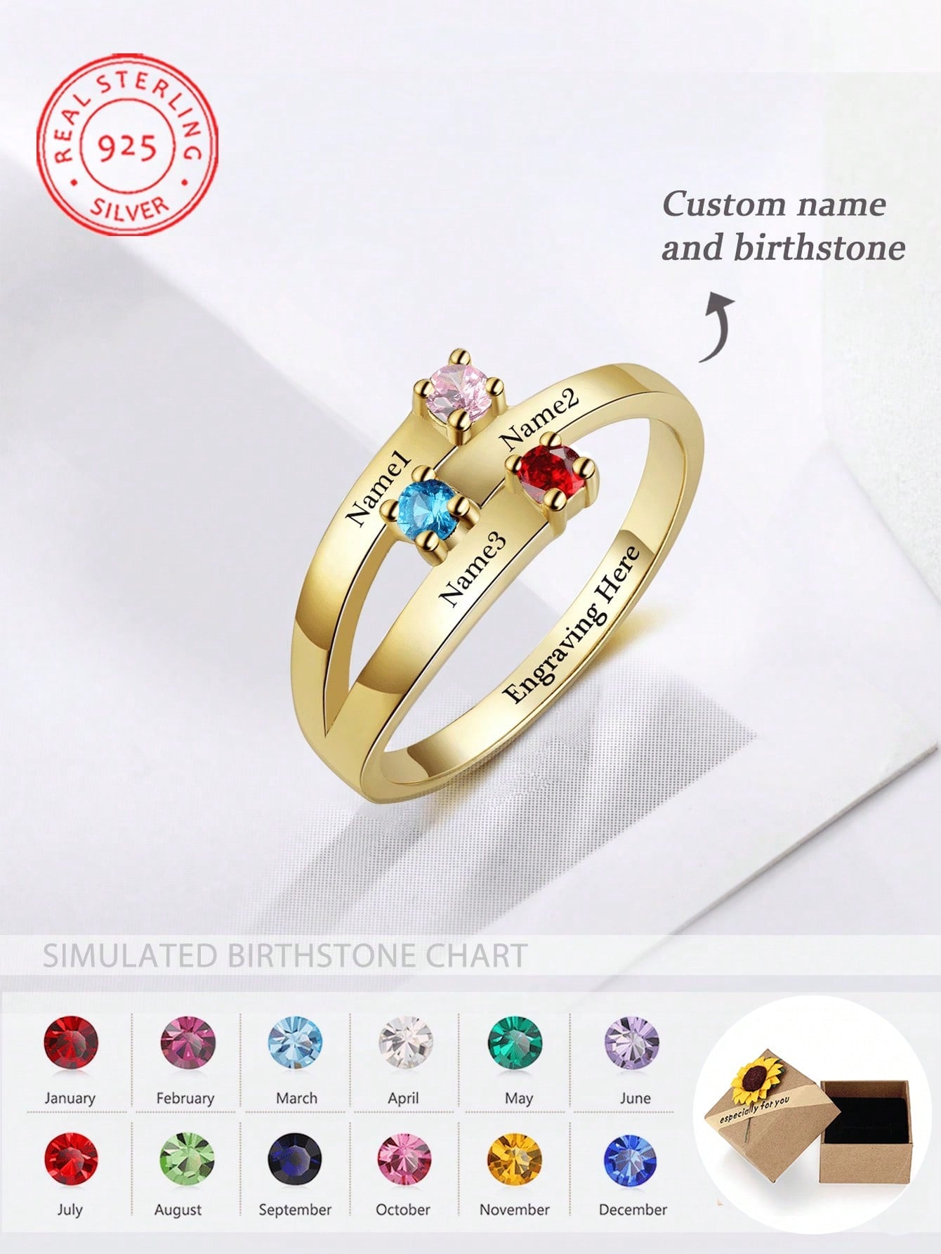 S925 Sterling Silver BirthStone Ring Personalized Simple Three-Layer Engraving Name Stainless Steel Ring Customized Jewelry Ring, Family Gift For Men Women