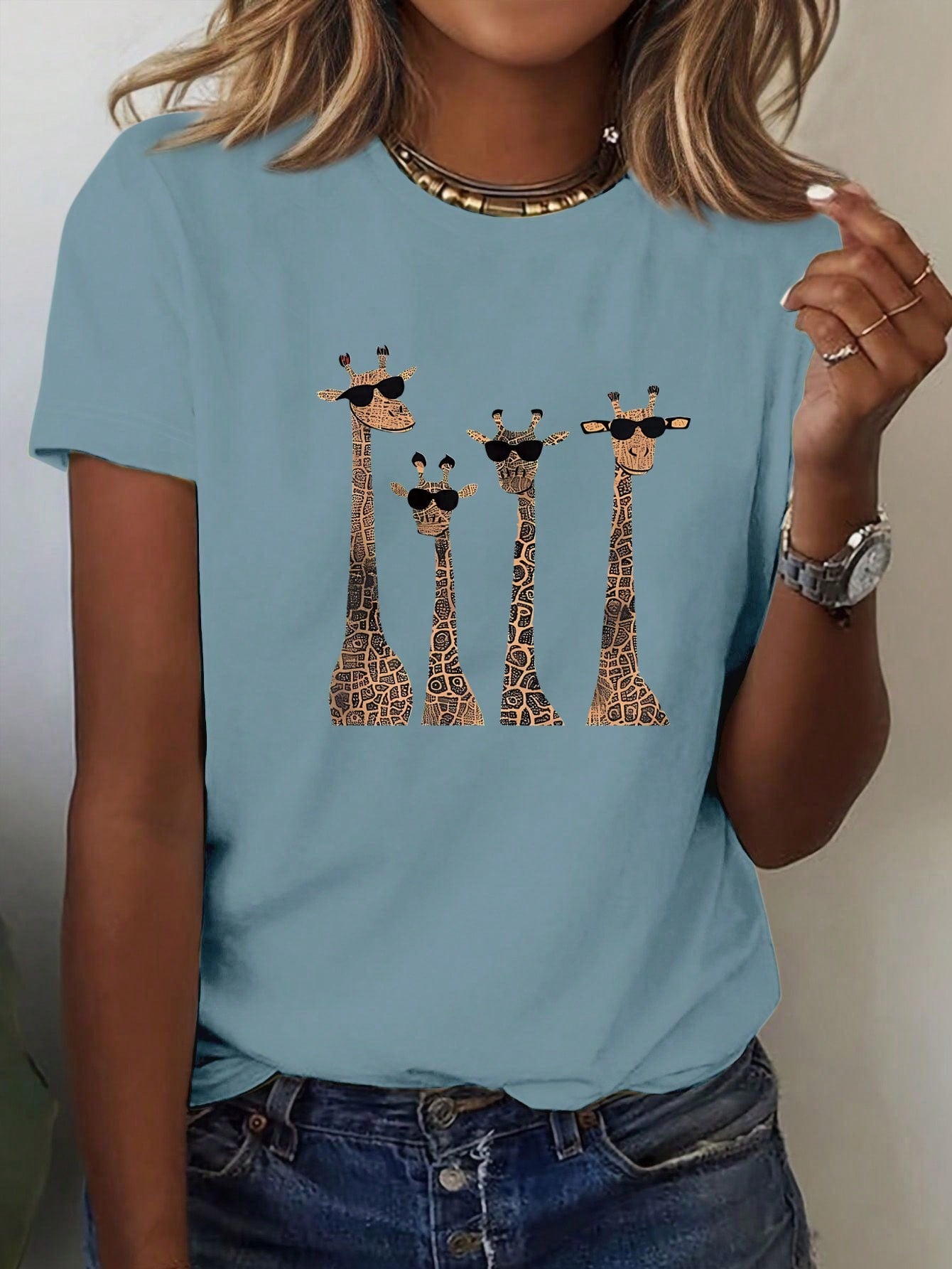 LUNE 4pcs Giraffe Pattern Short Sleeve T-Shirt With Eye Decoration, Casual