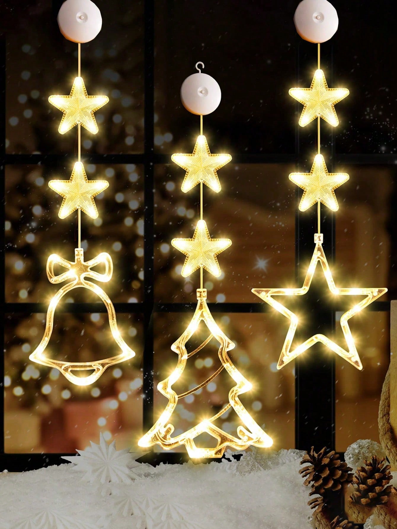 1pc/3pcs-Warm Yellow Light Christmas Window Light Christmas Decoration LED Suction Cup Light Christmas Decoration Christmas Bell, Christmas Tree, Star LED Suction Cup Light 7.8*6.3in Battery Powered Indoor Outdoor Decoration Christmas Tree Fireplace Wind