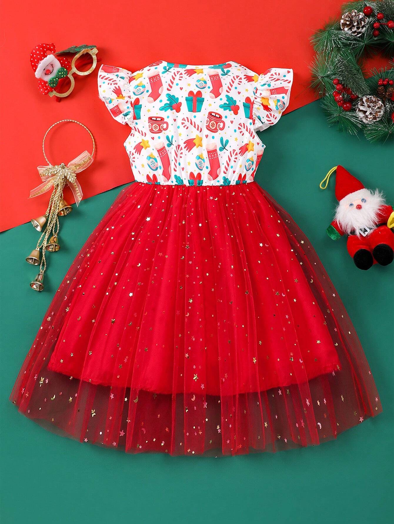 Young Girls Christmas Print Ruffled Bow Mesh  Cute Party Dress