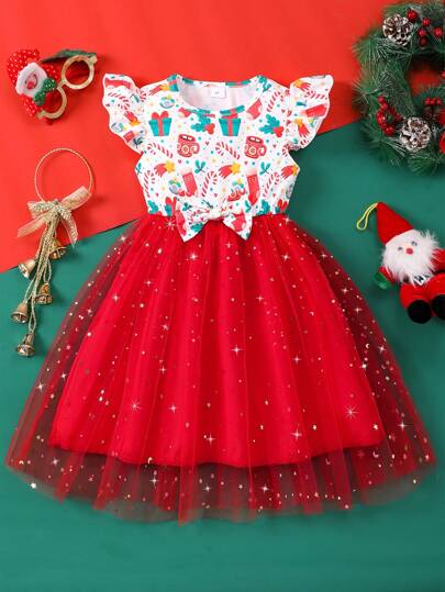 Young Girls Christmas Print Ruffled Bow Mesh  Cute Party Dress