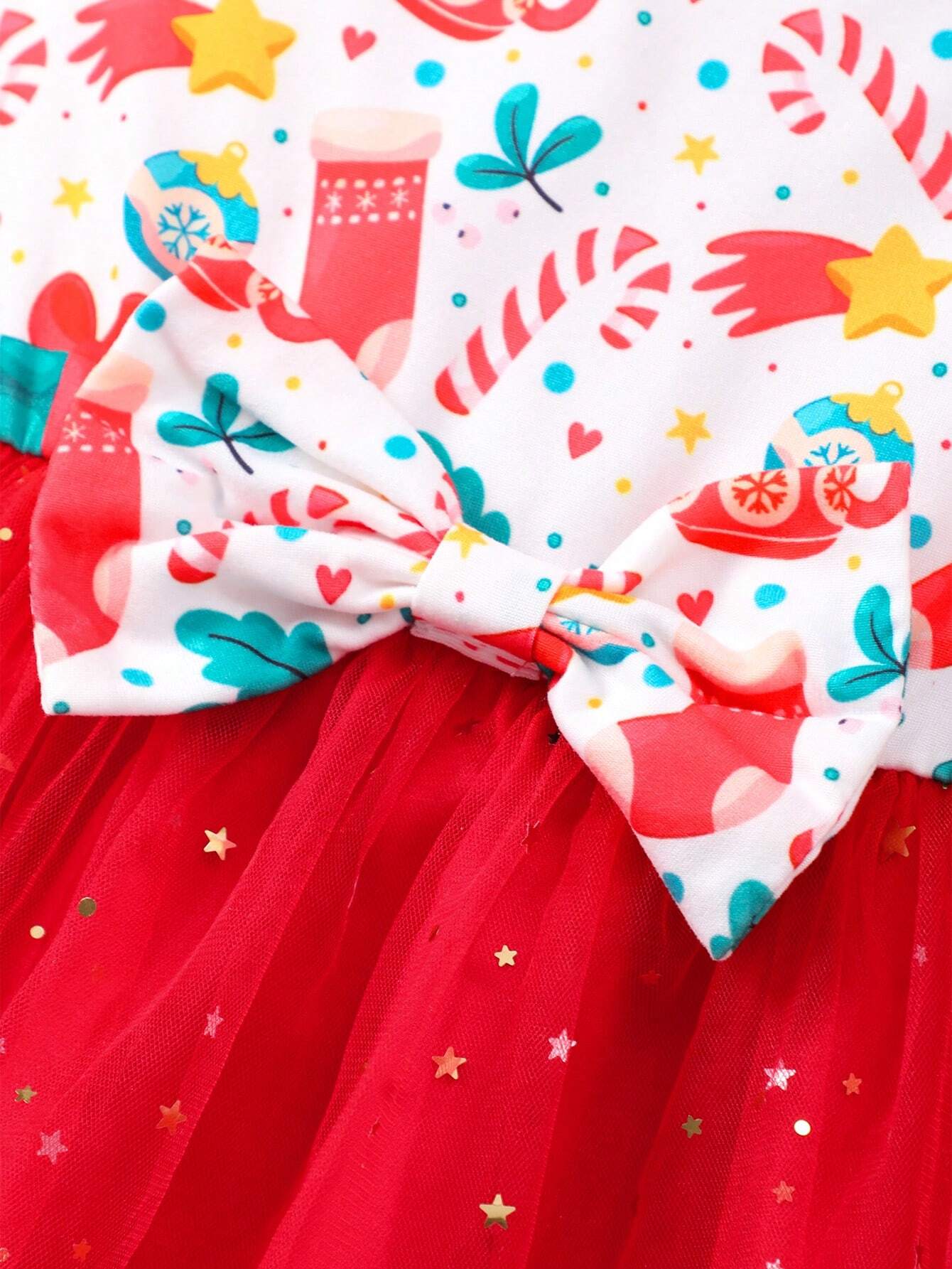 Young Girls Christmas Print Ruffled Bow Mesh  Cute Party Dress