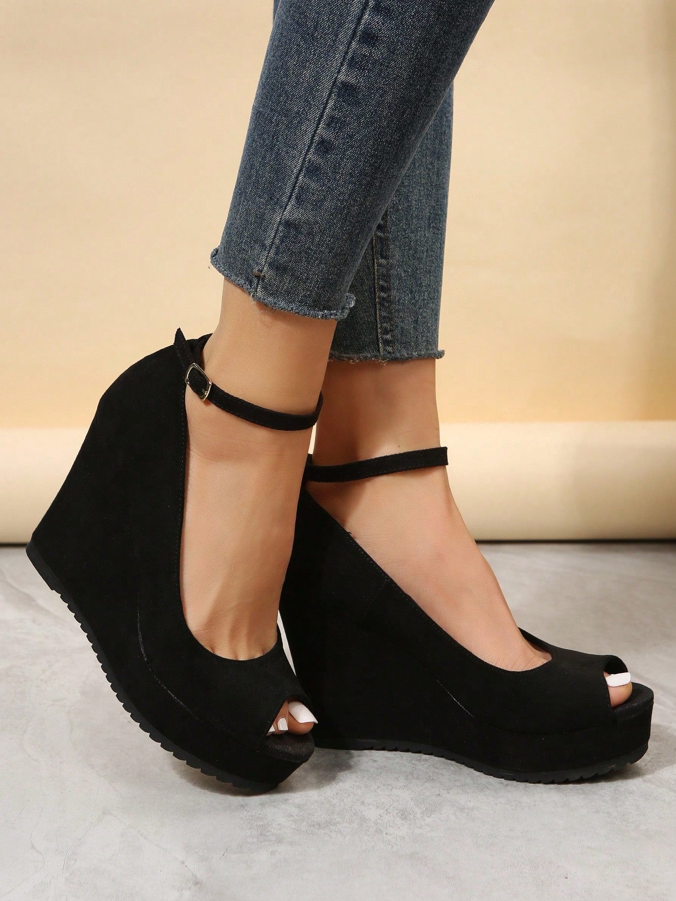 Women's Fashion Thick Bottom Waterproof Platform Wedge Heel Spring Summer Autumn New Versatile Faux Suede Open Toe Slip-On Shoes