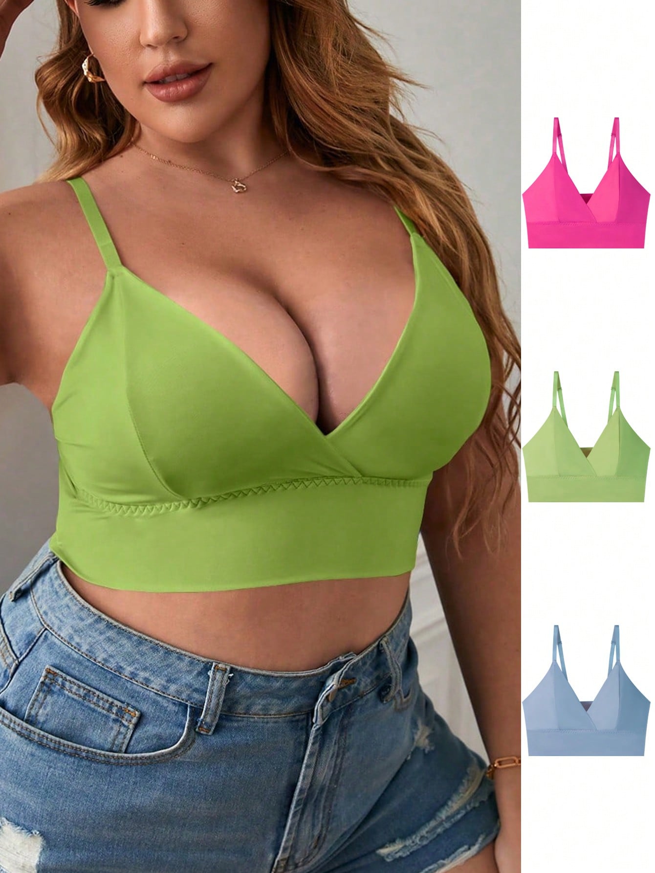 3pcs/Set Plus Size Solid Color Criss-Cross Wrap Spaghetti Strap Wireless Bras